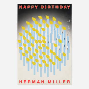 Stephen Frykholm, Happy Birthday Herman Miller poster: Stephen Frykholm Happy Birthday Herman Miller poster 1998 offset lithograph in colors 36 h x 24 w in (91 x 61 cm) Signed by the designer to lower edge 'Stephen Frykholm'. This work will ship