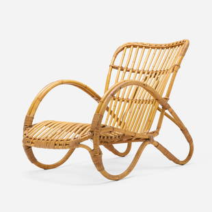 Dirk van Sliedregt, Lounge chair: Dirk van Sliedregt Lounge chair Rohe Noordwolde The Netherlands rattan 29.5 h x 22.5 w x 38 d in (75 x 57 x 97 cm) This work will ship from Chicago, Illinois.