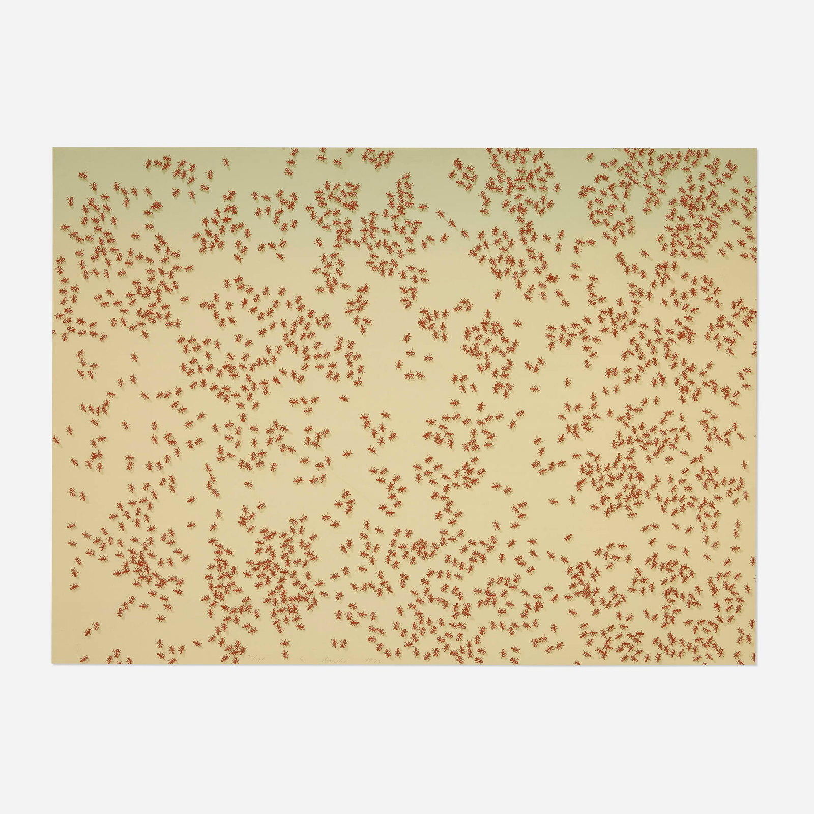 Ed Ruscha, Red Ants (from the Insects portfolio): Ed Ruscha Red Ants (from the Insects portfolio) 1972screenprint in colors on Fabriano Classico 20 h x 27 w in (51 x 69 cm) Signed, dated and numbered to lower edge '2/100 E. Ruscha 1972'. Stam