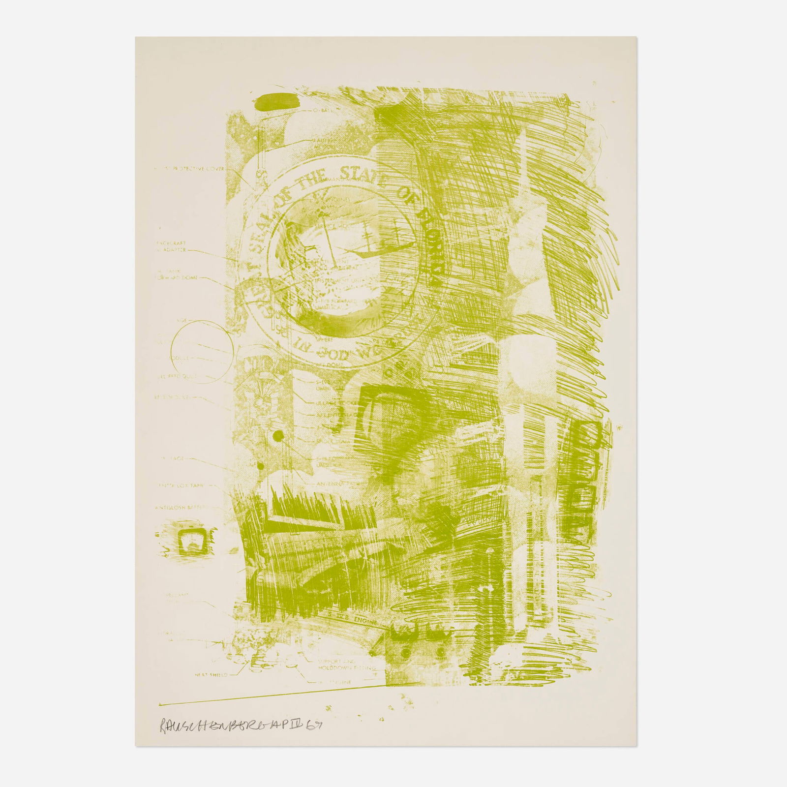 Robert Rauschenberg, Marsh (from the Stoned Moon series): Robert Rauschenberg Marsh (from the Stoned Moon series) 1969lithograph in green on Arches image: 32 h x 23.5 w in (81 x 60 cm) sheet: 35.625 h x 25 w in (90 x 63 cm) Signed, dated and numbe