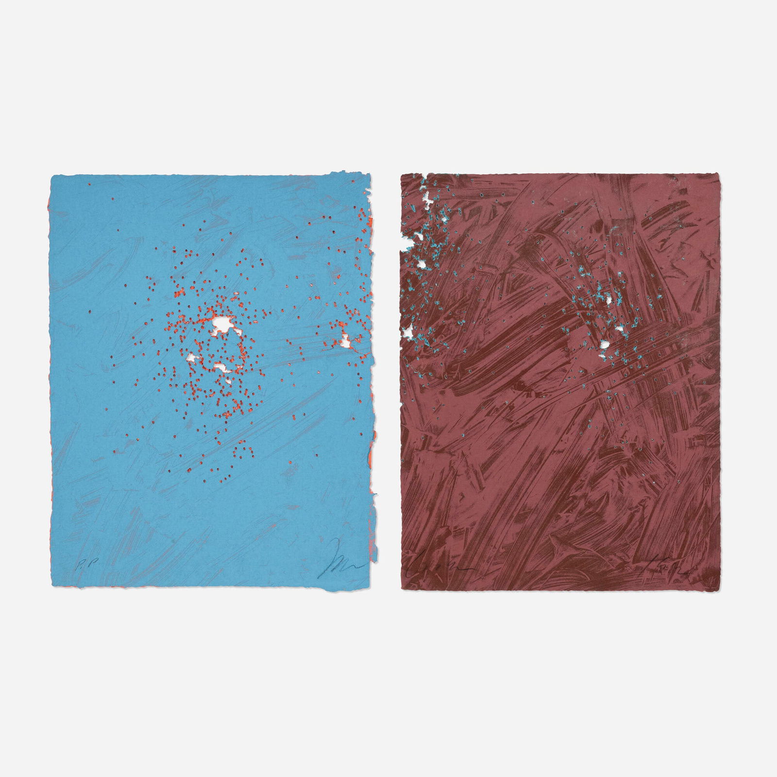 Joe Goode, Shotgun #308 (diptych): Joe Goode Shotgun #308 (diptych) 1982lithograph in colors with shotgun bullet holes each: 13 h x 10.25 w in (33 x 26 cm) overall: 13 h x 20.5 w in (33 x 52 cm) Signed, dated and numbered to