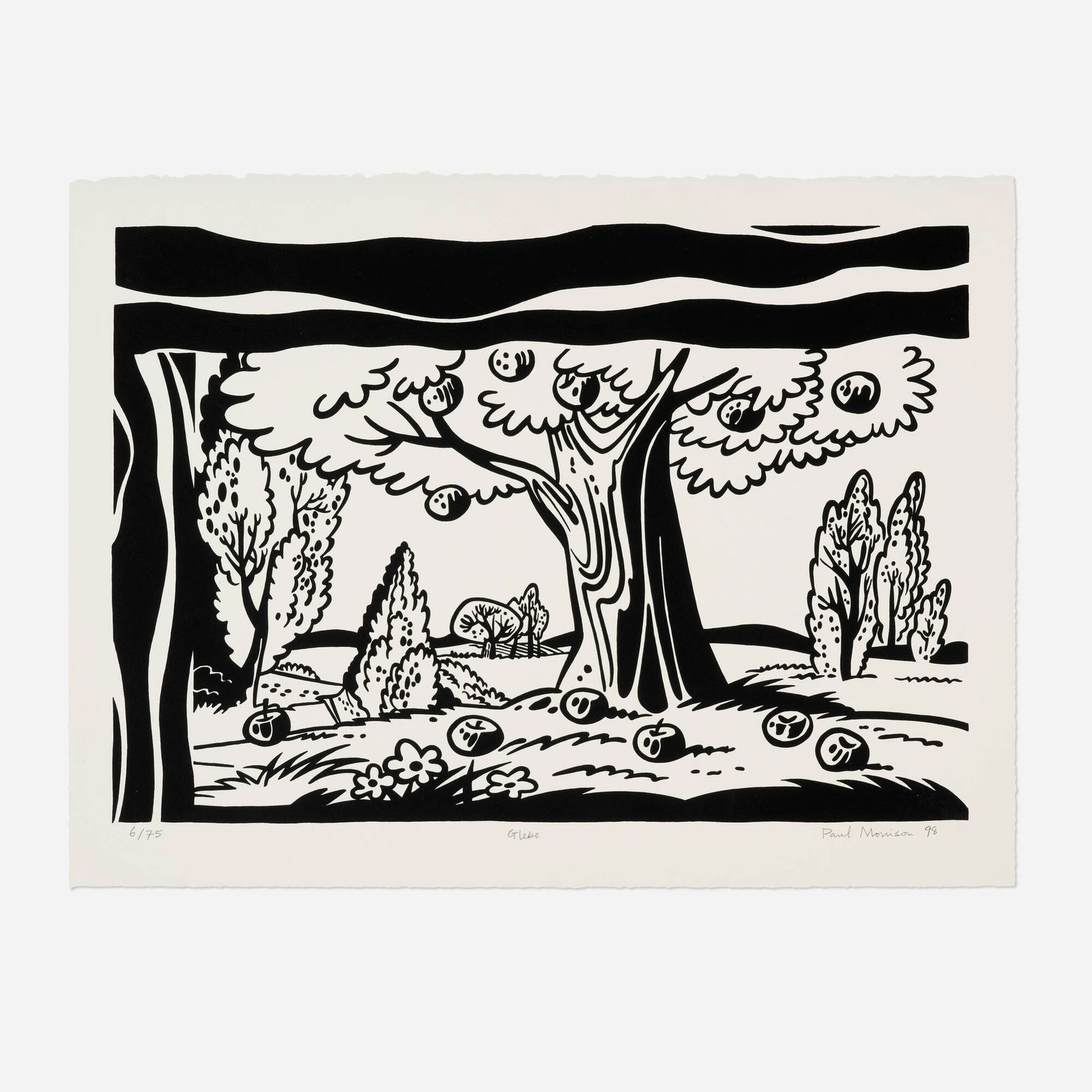 Paul Morrison, Glebe (Trees): Paul Morrison Glebe (Trees) 1998screenprint on Rives image: 14.125 h x 20.125 w in (36 x 51 cm) sheet: 17 h x 22.625 w in (43 x 57 cm) Signed, titled, dated and numbered to lower edge '6/75