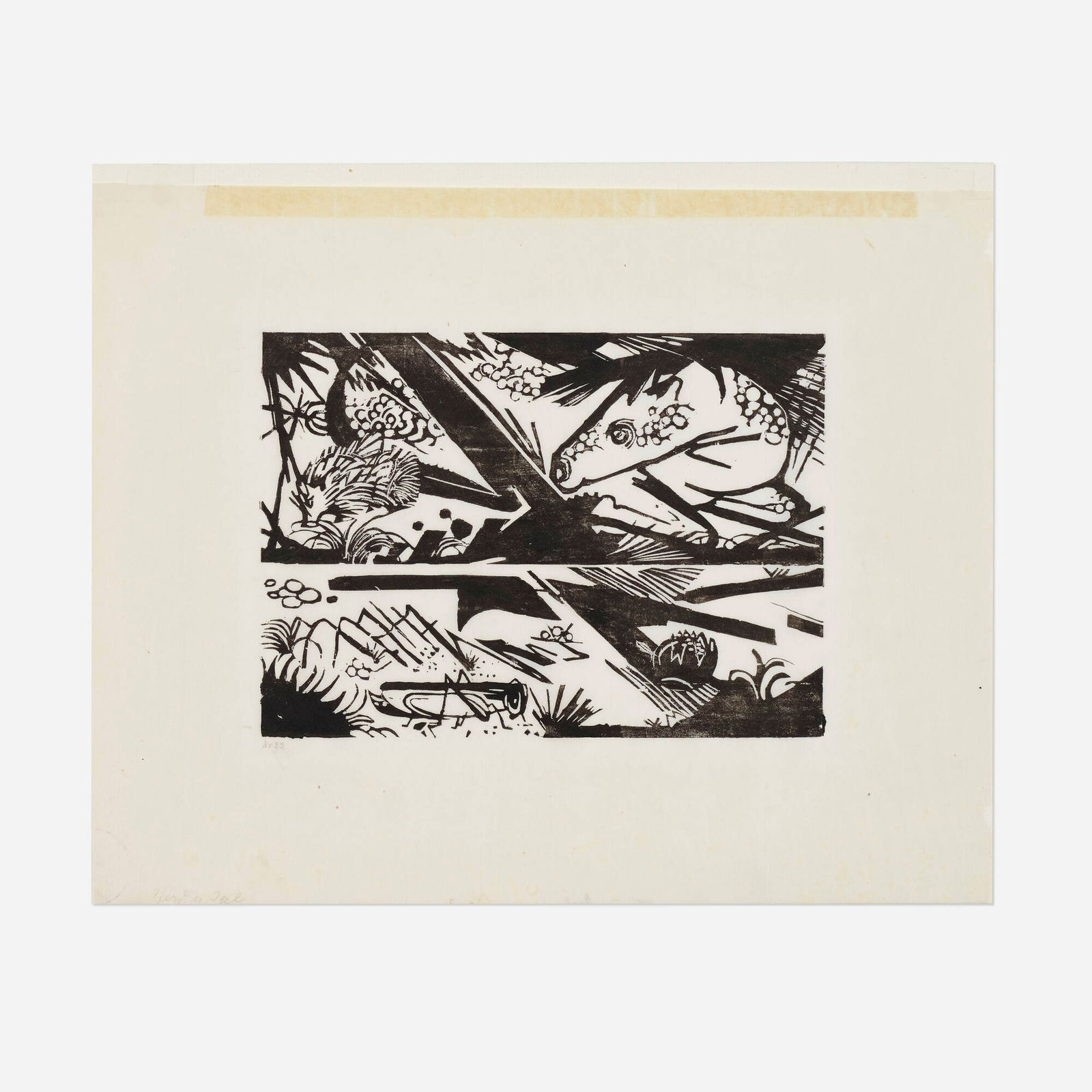 Franz Marc, Pferd und Igel: Franz Marc Pferd und Igel 1913woodblock print on laid Japanese paper image: 6.25 h x 8.625 w in (16 x 22 cm) sheet: 11 h x 14 w in (28 x 36 cm) This work was likely acquired from Maria Marc