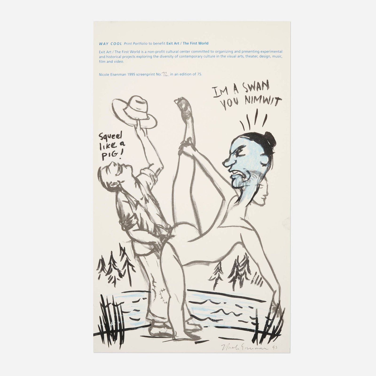 Nicole Eisenman, Untitled (from the WAY COOL portfolio): Nicole Eisenman Untitled (from the WAY COOL portfolio) 1995 screenprint with hand-additions in ink and crayon 13.375 h x 8 w in (34 x 20 cm) Signed and dated to lower right 'Nicole Eisenman 95'