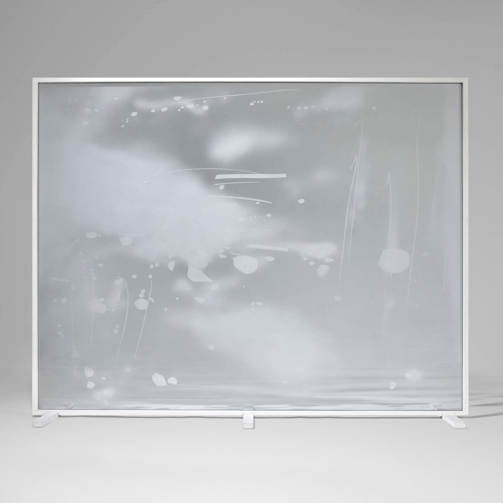 Michael Heizer, Sandblasted Etched Glass Window: Michael Heizer Sandblasted Etched Glass Window 1974etched glass, painted wood 86 h x 109.5 w x 35 d in (218 x 278 x 89 cm) Literature: Michael Heizer, Celant, ppg. 298-