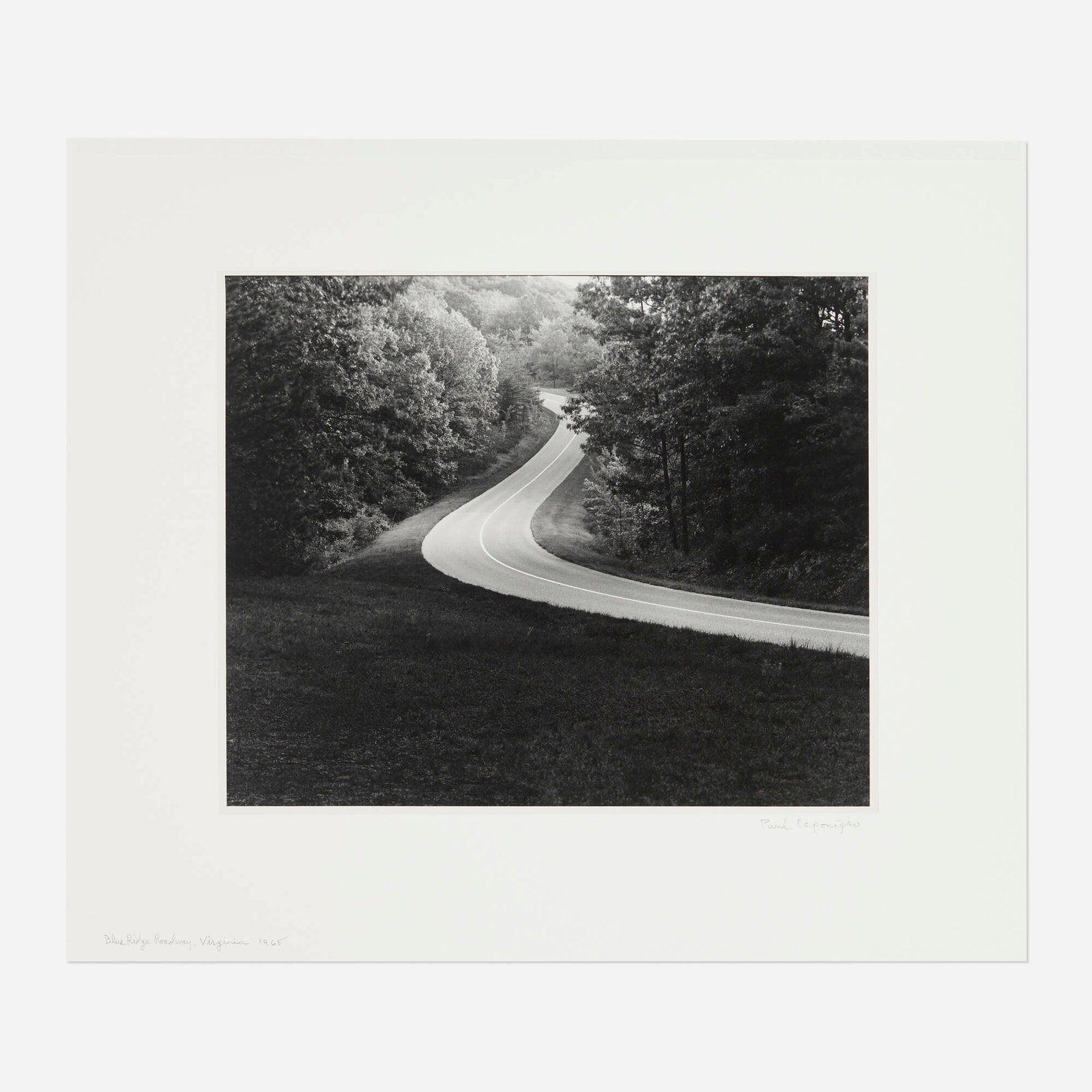 Paul Caponigro, Blue Ridge Roadway, Virginia: Paul Caponigro Blue Ridge Roadway, Virginia 1965 / printed later gelatin silver print image: 15.25 h x 18.625 w in (39 x 47 cm) mount: 24 h x 28 w in (61 x 71 cm) Signed, titled and dated to