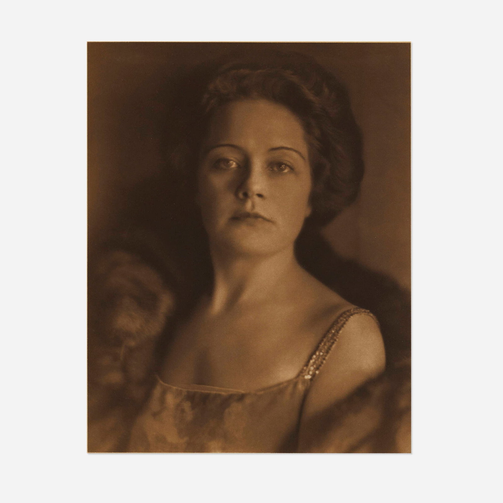 Edward Weston, Woman in Evening Gown: Edward Weston Woman in Evening Gown 1922vintage palladium print image: 9.5 h x 7.5 w in (24 x 19 cm) mount: 16.25 h x 12.75 w in (41 x 32 cm) Signed and dated to mount 'Edward Weston 1922'.