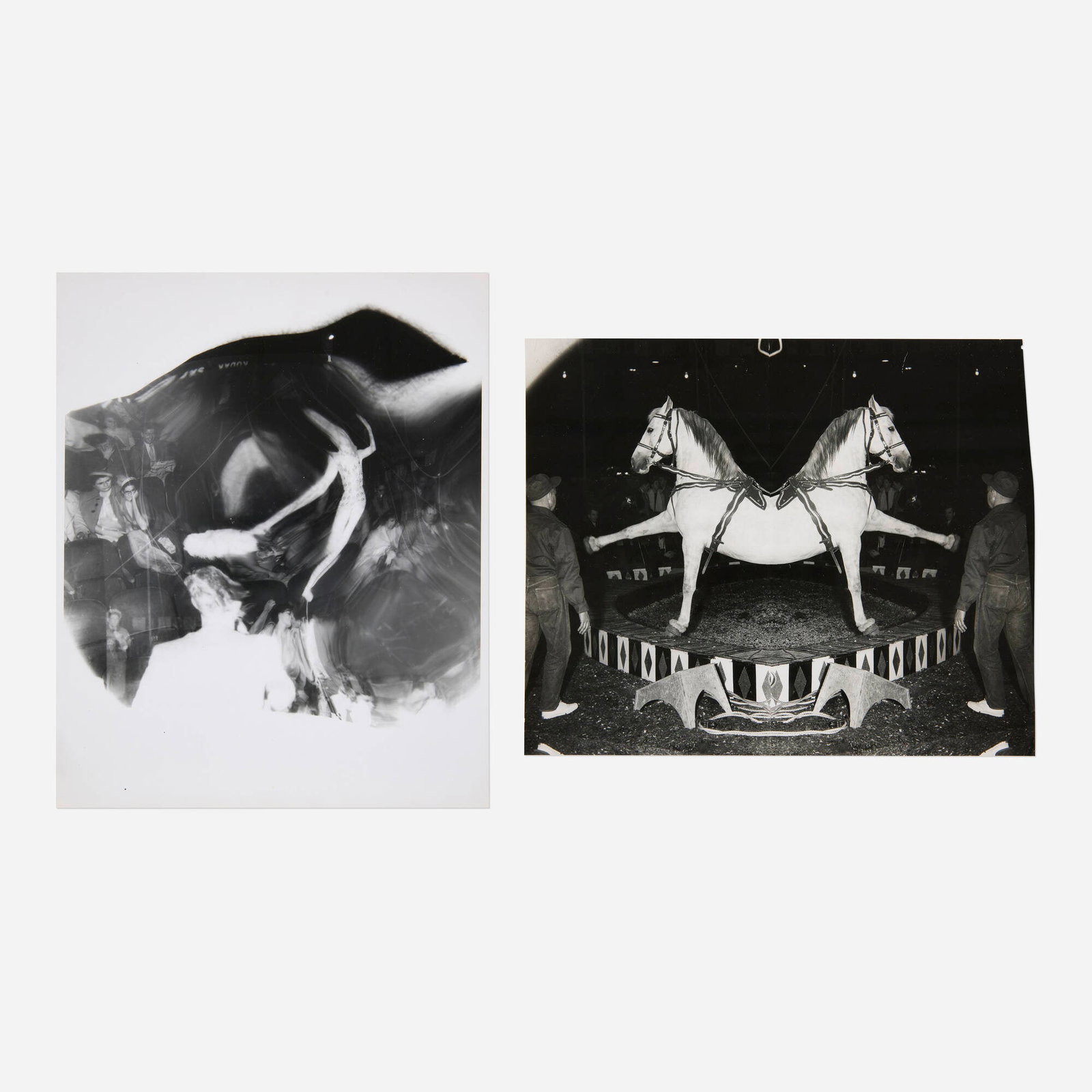 Weegee, Circus Distortions (two works): Weegee Circus Distortions (two works) c. 1955 / printed c. 1965 gelatin silver print 10 h x 8.125 w in (25 x 21 cm) 8.125 h x 10 w in (21 x 25 cm) Stamped to verso of each work 'Photo by Wee