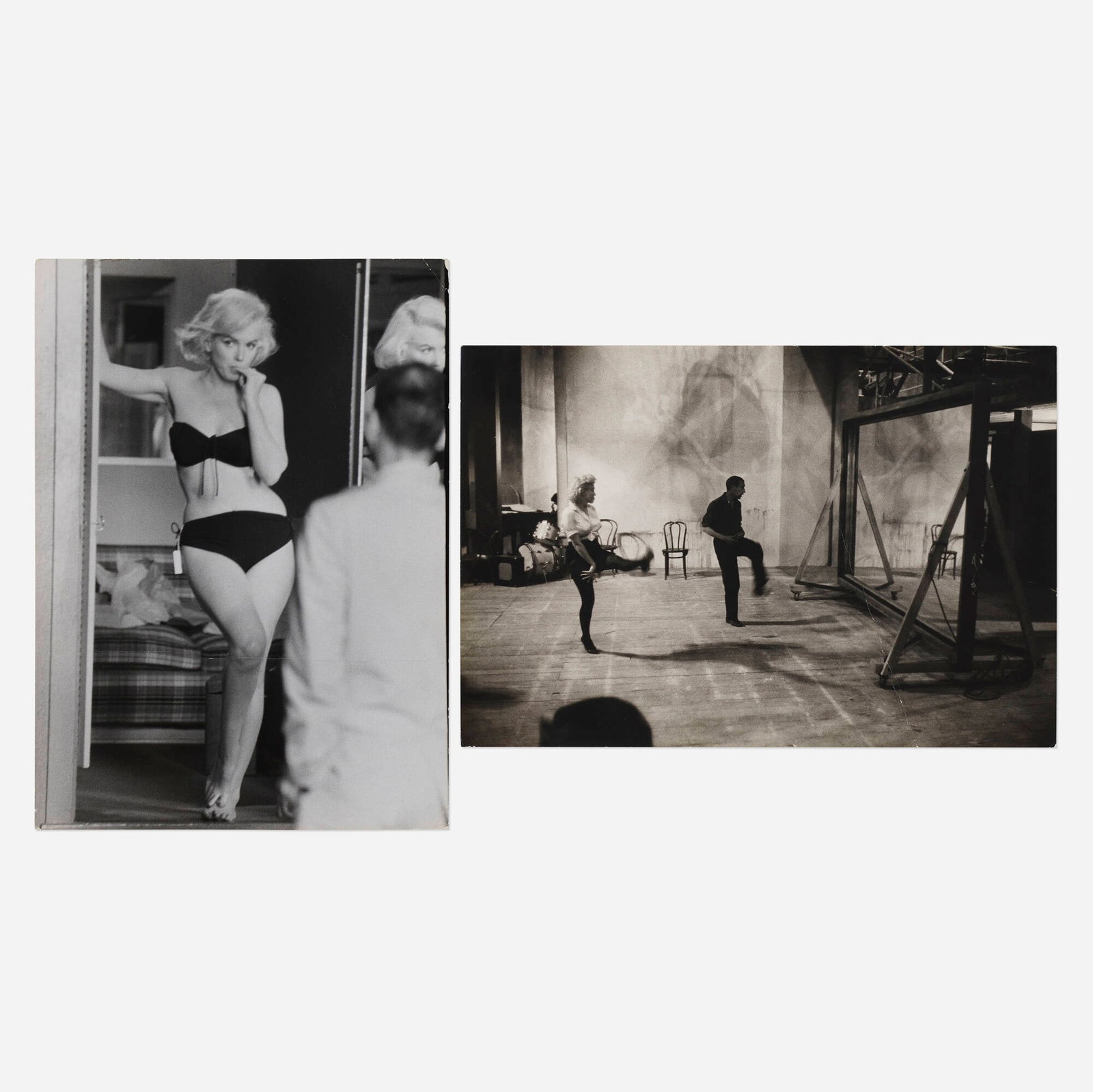 John Bryson, Marilyn Monroe Onstage; Marilyn Monroe with Arthur Miller (two works): John Bryson Marilyn Monroe Onstage in Let's Make Love; Marilyn Monroe with Arthur Miller after Let's Make Love (two works) 1960 vintage gelatin silver print 9.325 h x 13.75 w in (24 x 35 cm) 13.125