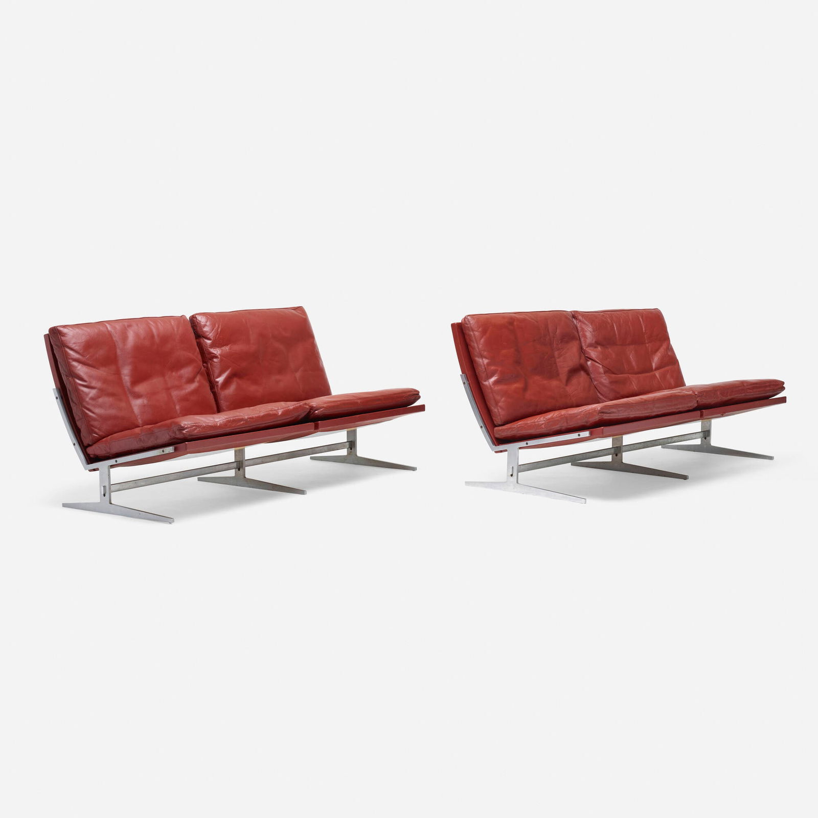 Preben Fabricius and Jorgen Kastholm, Settees model BO561, pair: Preben Fabricius and Jorgen Kastholm Settees model BO561, pair Bo-ExDenmark, c. 1970leather, matte chrome-plated steel each: 26.5 h x 59.5 w x 30.5 d in (67 x 151 x 77 cm) Litera