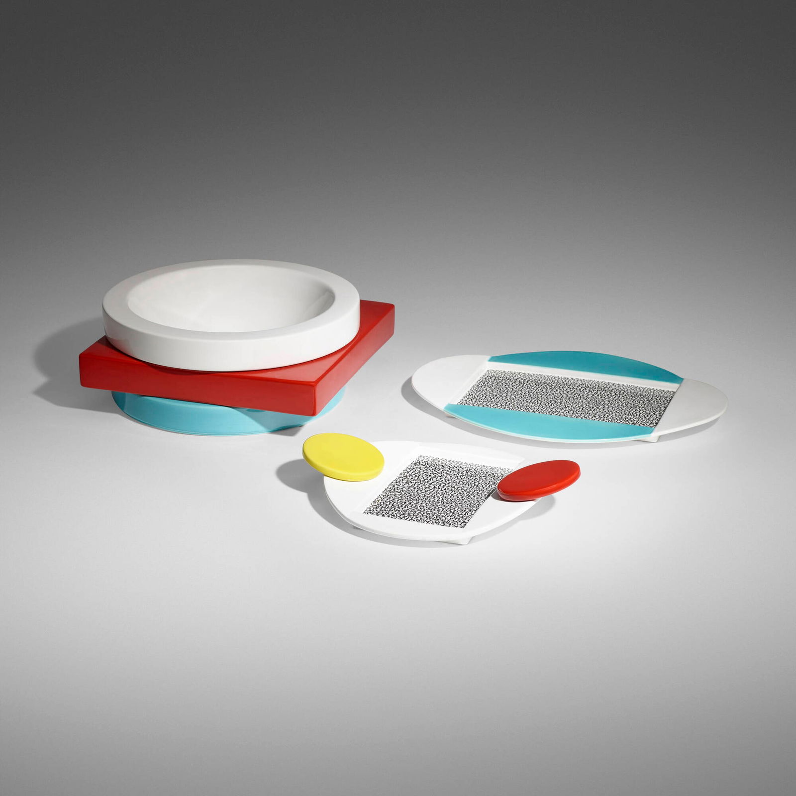 Marco Zanini and Michele de Lucchi, Tomato; Celery; Broccoli (three works): Marco Zanini and Michele de Lucchi Tomato; Celery; Broccoli (three works) MemphisItaly, 1985glazed porcelain 5.375 h x 13 w x 13 d in (14 x 33 x 33 cm) .5 h x 17 w x 12.625 d in (1 x 43 x 32