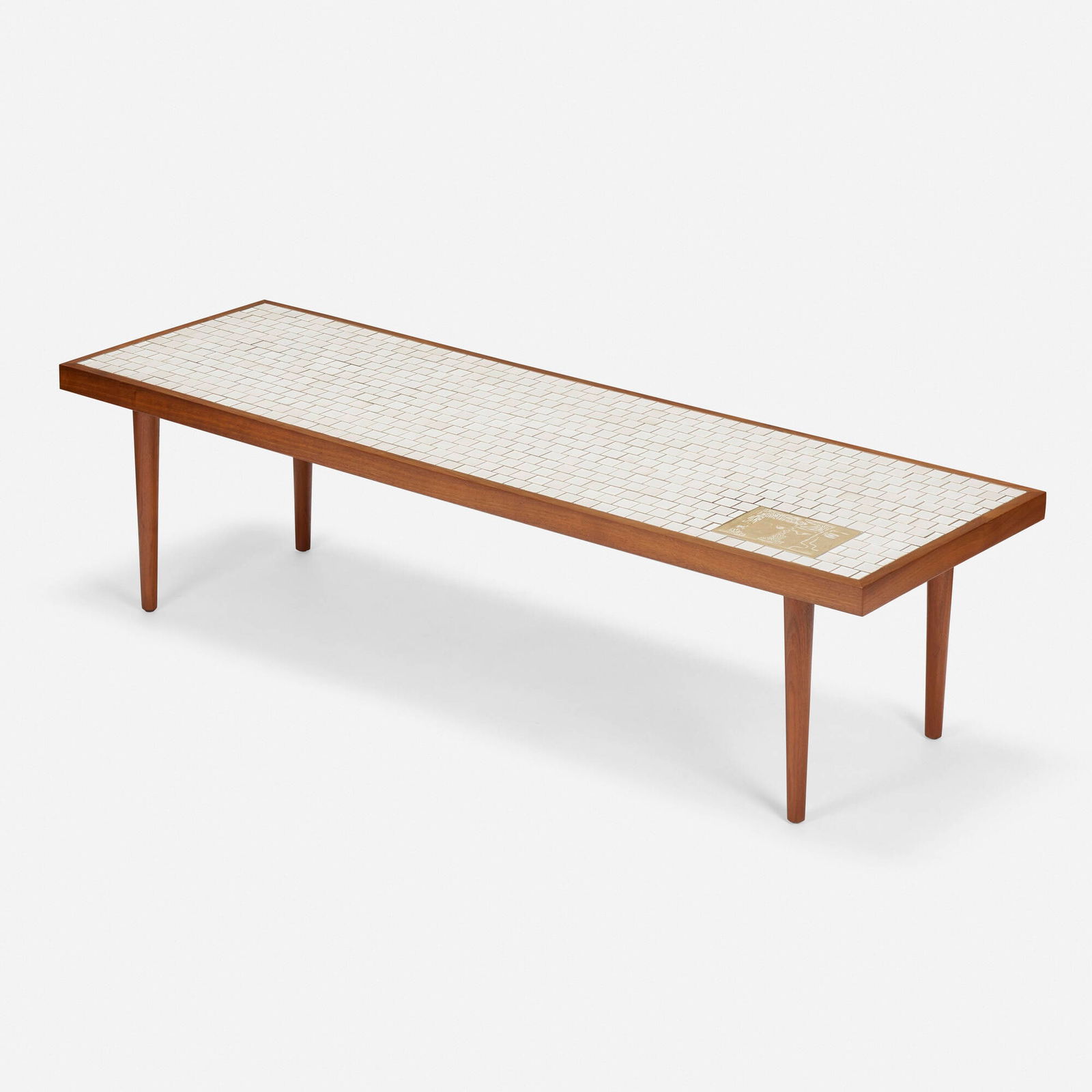 Gordon and Jane Martz, Coffee table: Gordon and Jane Martz Coffee table USA, c. 1965walnut, glazed ceramic tile 15.25 h x 60.25 w x 19 d in (39 x 153 x 48 cm) Inscribed to underside 'TT5810 glaze 28 tile / 1 brick style'.