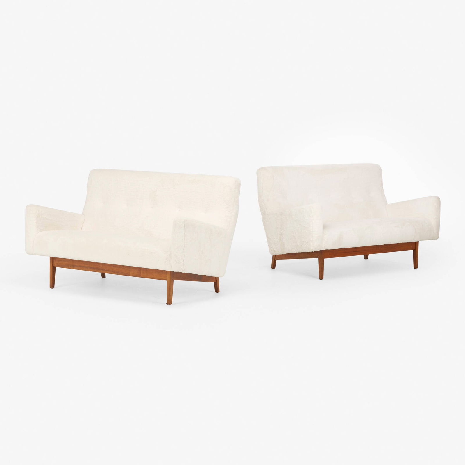 Jens Risom, Settees, pair: Jens Risom Settees, pair Jens Risom Design Inc.USA, c. 1955walnut, upholstery 32 h x 53 w x 31 d in (81 x 135 x 79 cm) This work will ship from Lambertville, New Jersey.