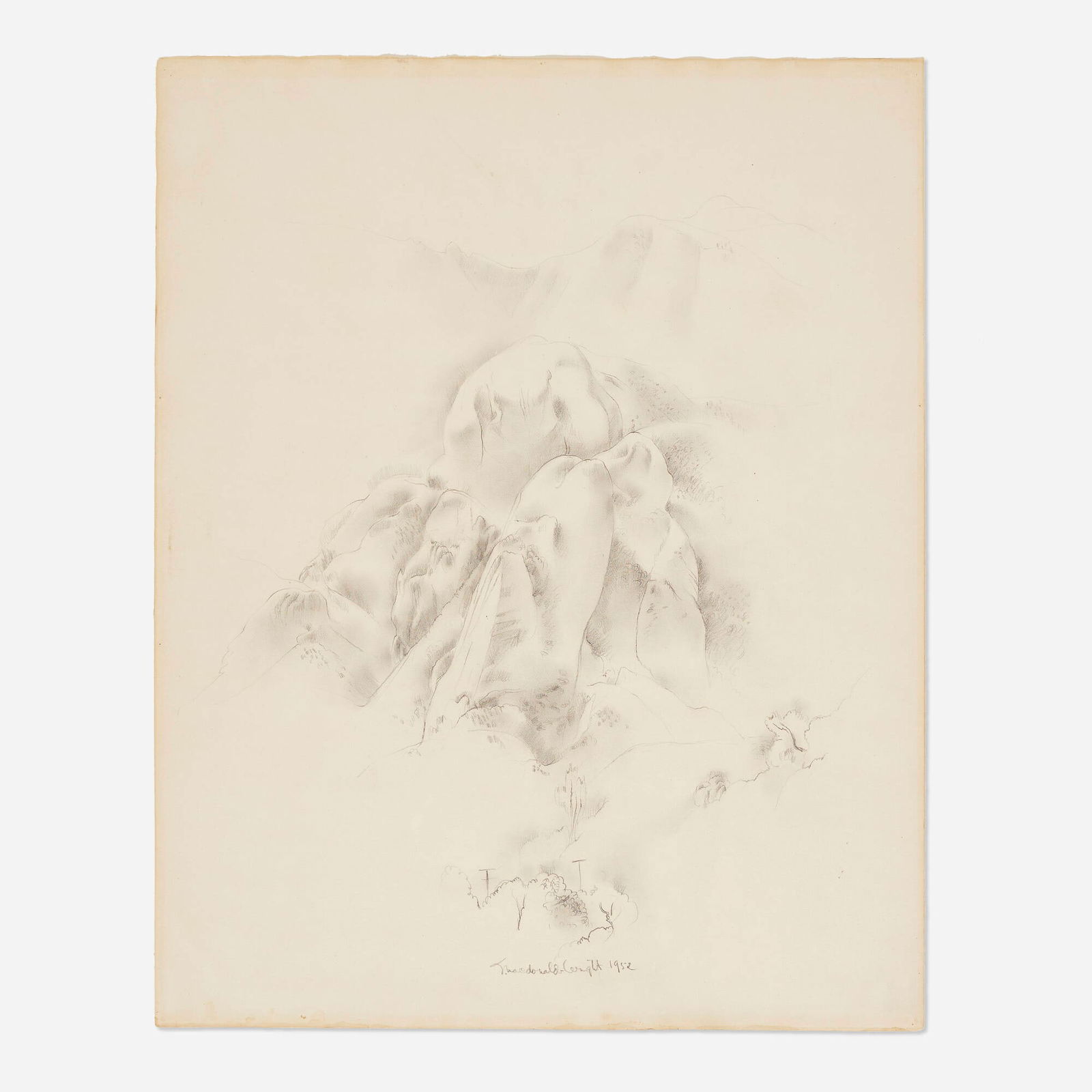 Stanton MacDonald-Wright, Untitled (Landscape): Stanton MacDonald-Wright Untitled (Landscape) 1952graphite on paper 29 h x 23 w in (74 x 58 cm) Signed and dated to lower edge 'S. MacDonald-Wright 1952'. This work will sh