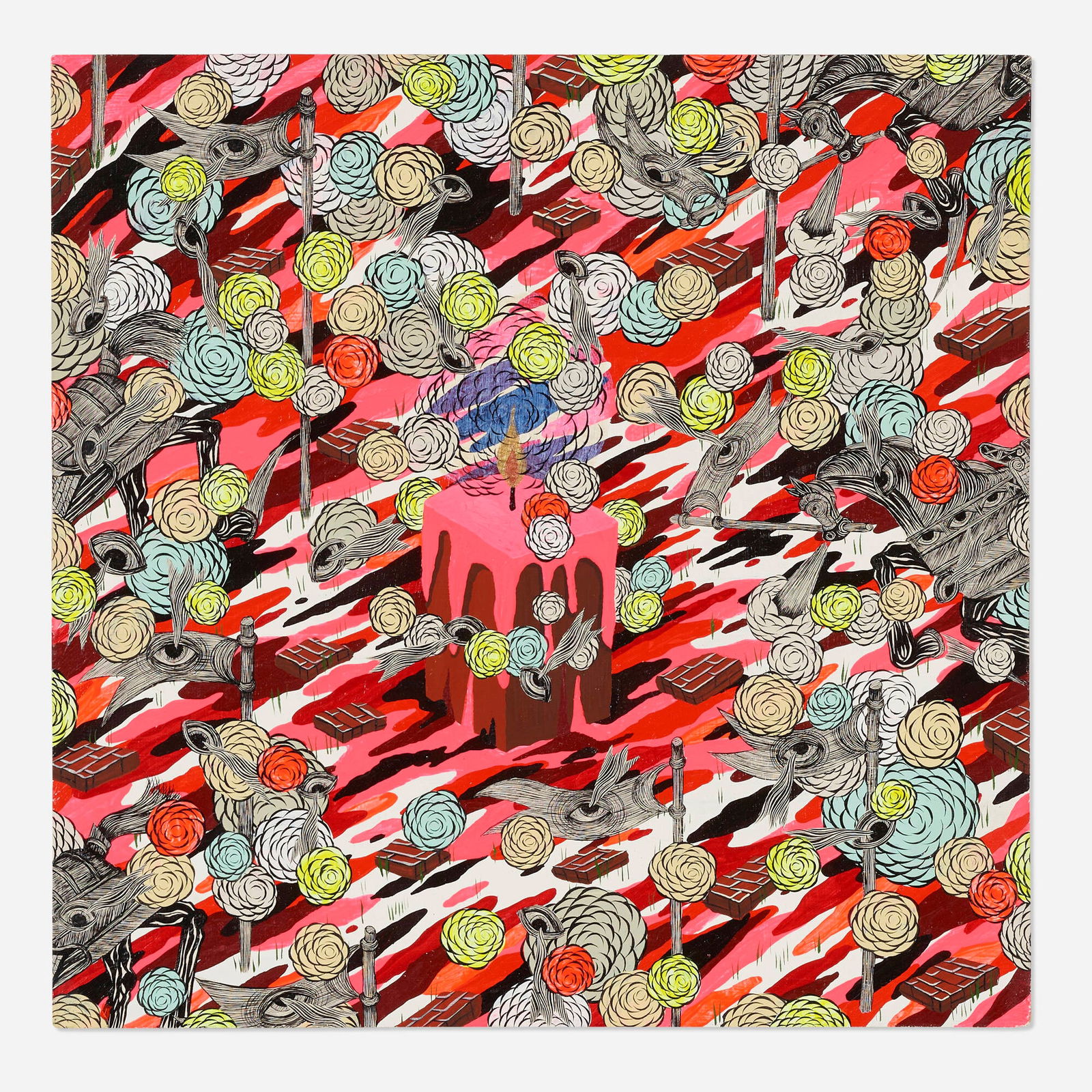 Andrew Schoultz, Melting Candle (Red): Andrew Schoultz Melting Candle (Red) 2010acrylic on wood 14 h x 14 w x 1.75 d in (36 x 36 x 4 cm) This work is from the Carolyn Glasoe Bailey Foundation Collection and is being sold to benefit