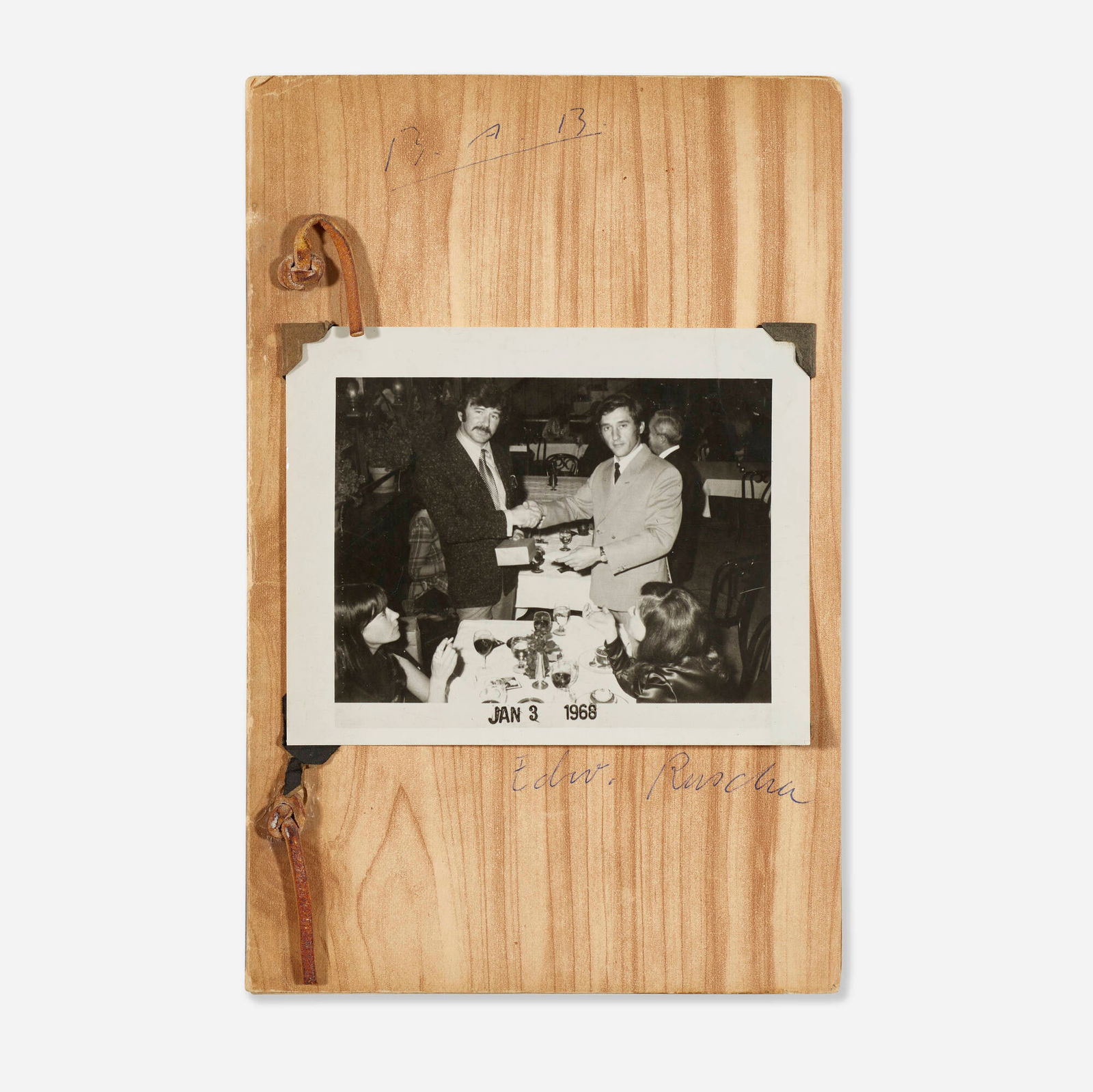 Ed Ruscha and Billy Al Bengston, Business Cards: Ed Ruscha and Billy Al Bengston Business Cards 1968offset printing on paper, gelatin silver print, stapled cards, leather 8.75 h x 5.75 w in (22 x 15 cm) Signed to cover 'B.A.B. Ed Ruscha'. Th