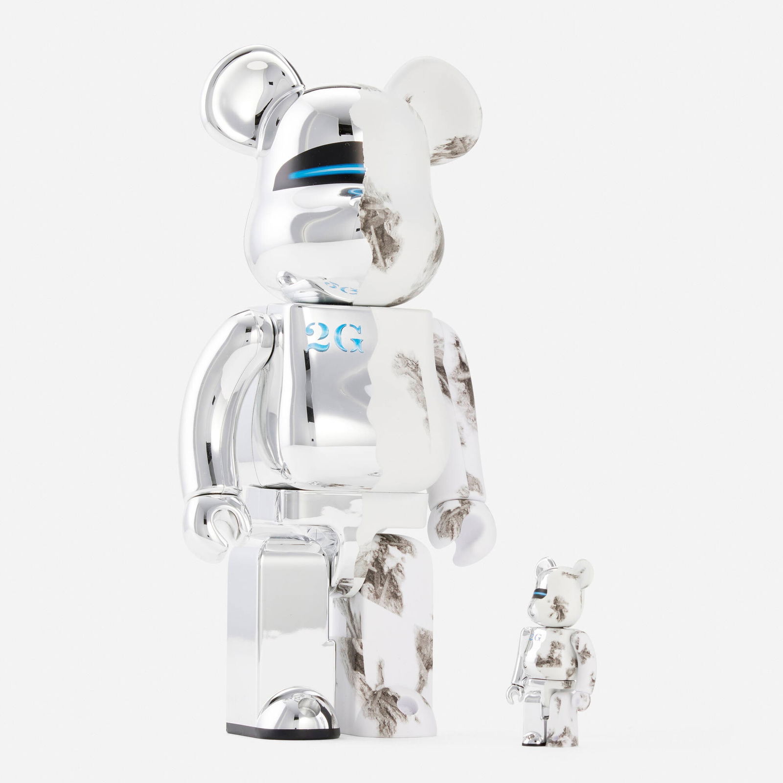 Daniel Arsham X Hajime Sorayama, Be@rbrick 100%; Be@rbrick 400% (two works): Daniel Arsham X Hajime Sorayama Be@rbrick 100%; Be@rbrick 400% (two works) 2019cast vinyl and resin 10.75 h x 5.25 w x 3.75 d in (27 x 13 x 10 cm) 2.75 h x 1.25 w x 1 d in (7 x 3 x 3 cm) Mo