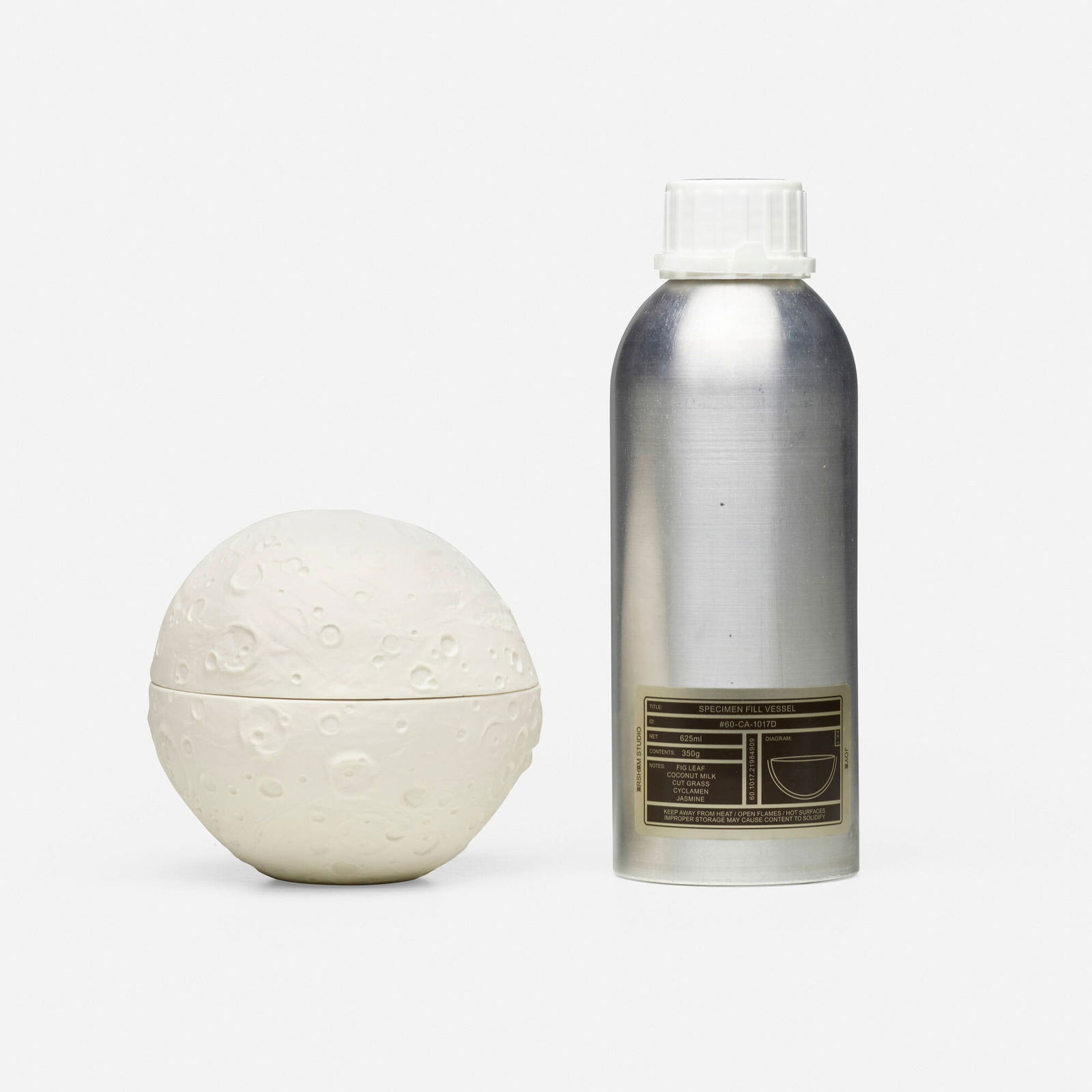 Daniel Arsham X Joya, Exoplanet Transmission: Daniel Arsham X Joya Exoplanet Transmission 2018plaster, candle wick, canister sphere: 4.25 h x 4.5 dia in (11 x 11 cm) canister: 8.25 h x 3 dia in (21 x 8 cm) Molded manufacturer's mark to