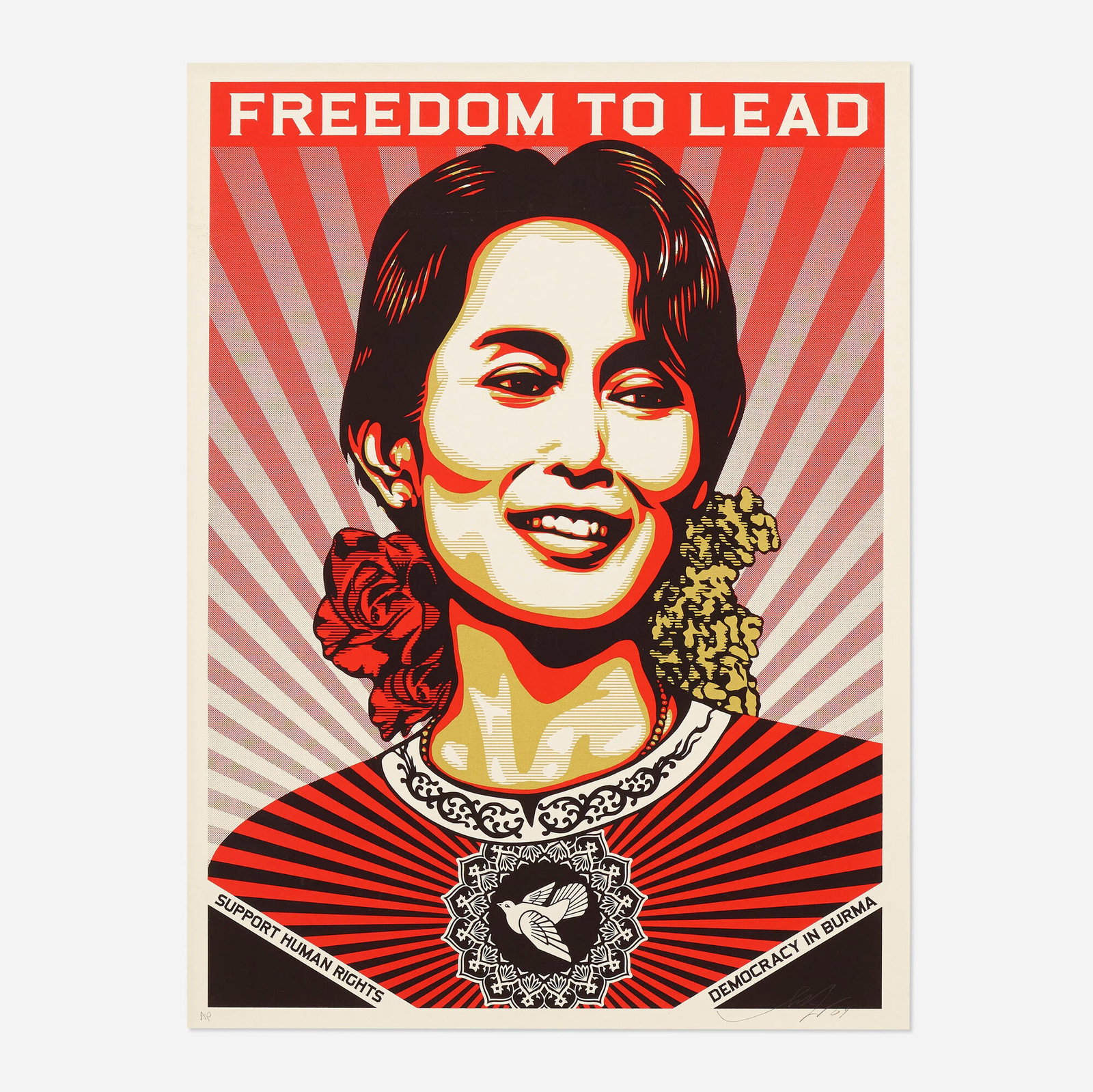 Shepard Fairey, Freedom to Lead: Shepard Fairey Freedom to Lead 2009 screenprint in colors image: 22.75 h x 16.5 w in (58 x 42 cm) sheet: 23.75 h x 17.75 w in (60 x 45 cm) Signed, dated and numbered to lower edge 'AP Shepar