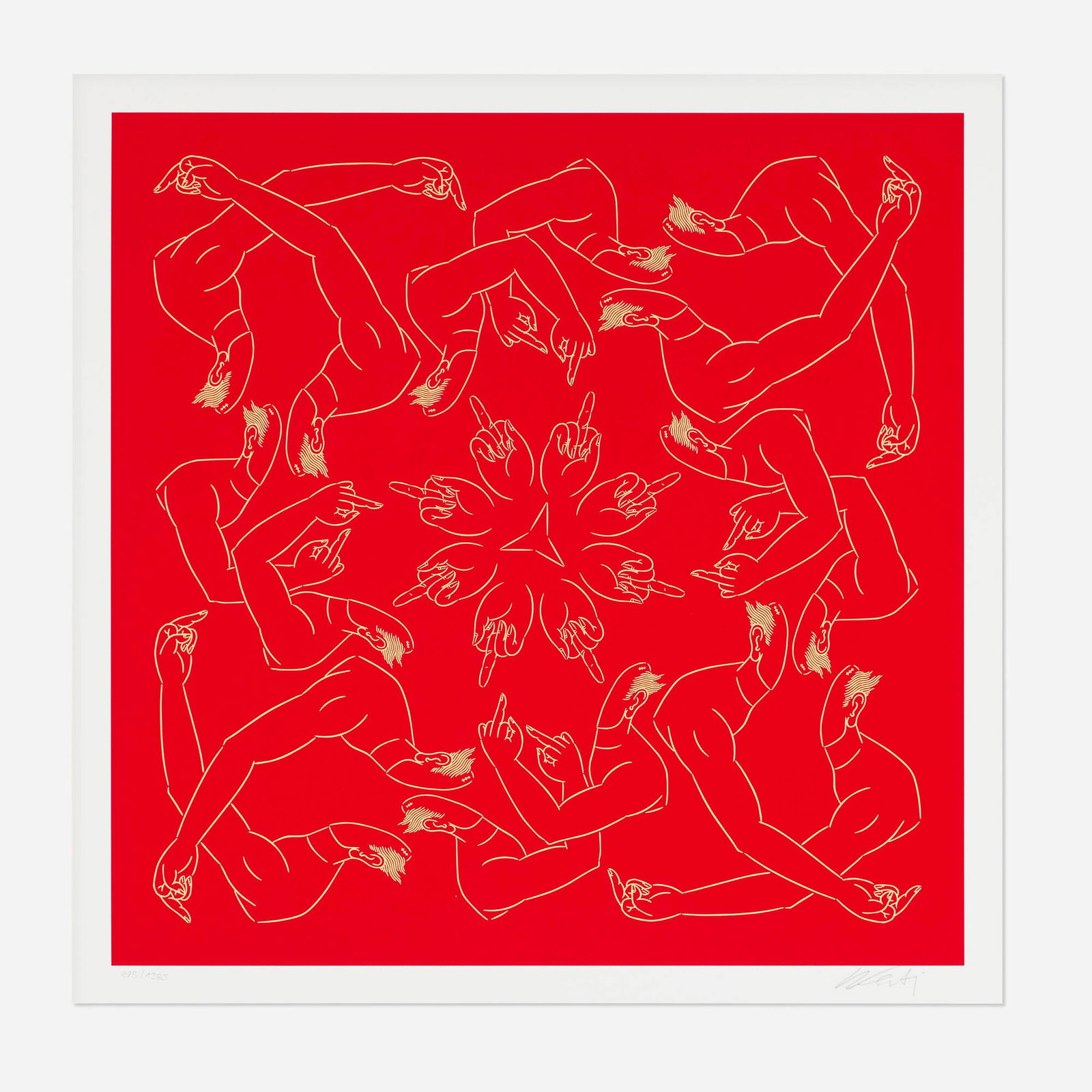 Ai Weiwei, Middle Finger in Red: Ai Weiwei Middle Finger in Red 2023screenprint in colors on Tub Sized Satin White image: 21.5 h x 21.625 w in (55 x 55 cm) sheet: 23.5 h x 23.625 w in (60 x 60 cm) Signed and numbered to lo