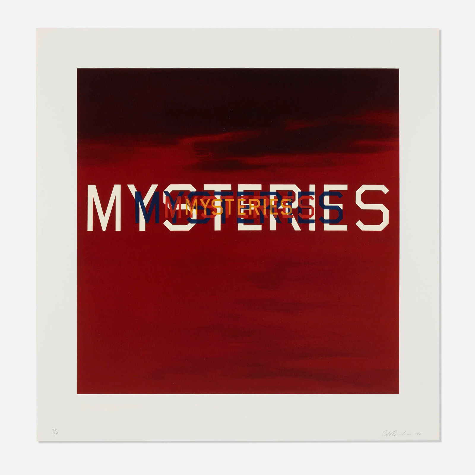 Ed Ruscha, Mysteries: Ed Ruscha Mysteries 2021lithograph in colors on Entrada image: 24.25 h x 24 w in (62 x 61 cm) sheet: 30.75 h x 30 w in (78 x 76 cm) Signed, dated and numbered to lower edge '46/75 Ed Ruscha