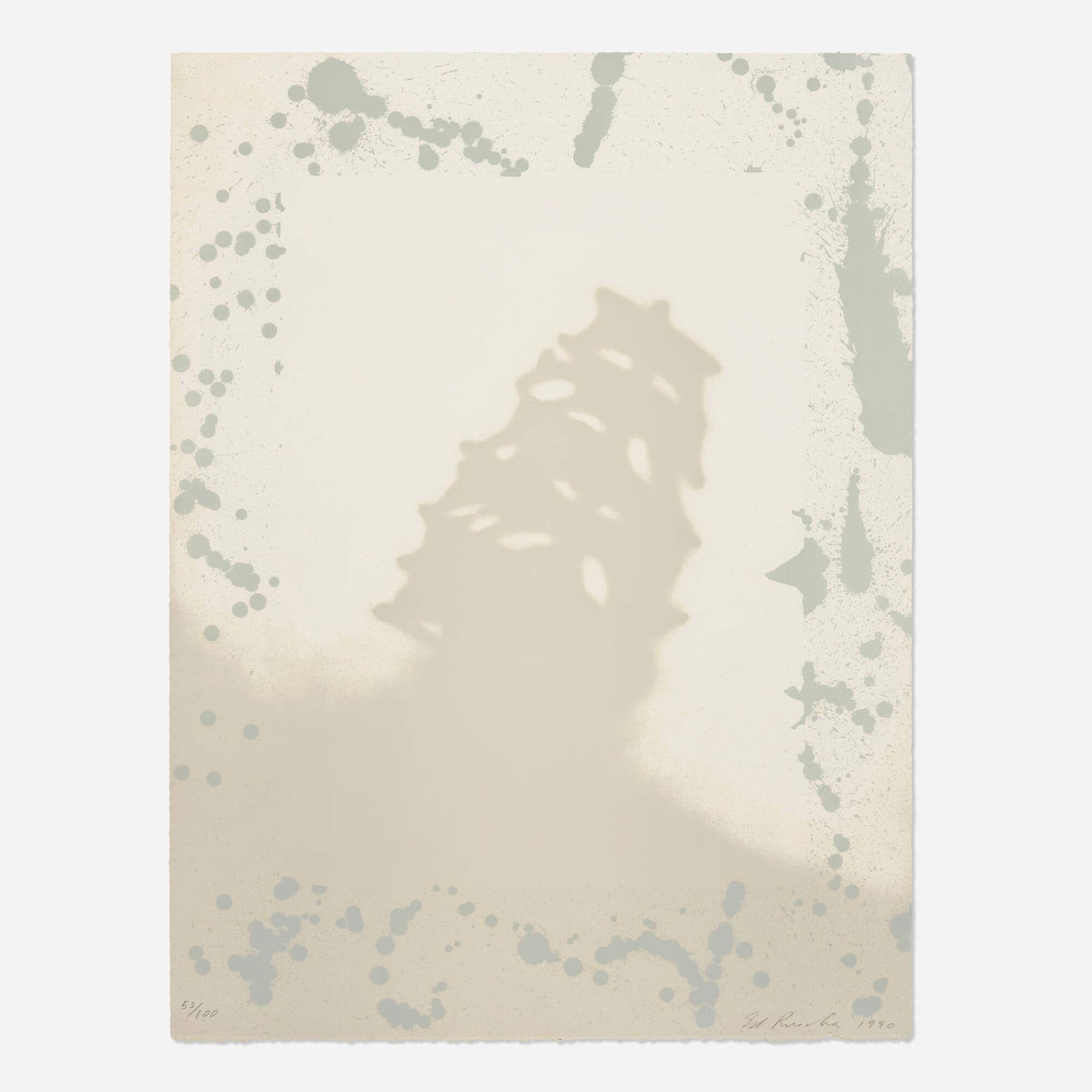 Ed Ruscha, Spattership: Ed Ruscha Spattership 1990lithograph in colors on BFK Rives 36 h x 27 w in (91 x 69 cm) Signed, dated and numbered to lower edge '53/100 Ed Ruscha 1990' with printer's blindstamp. This work is