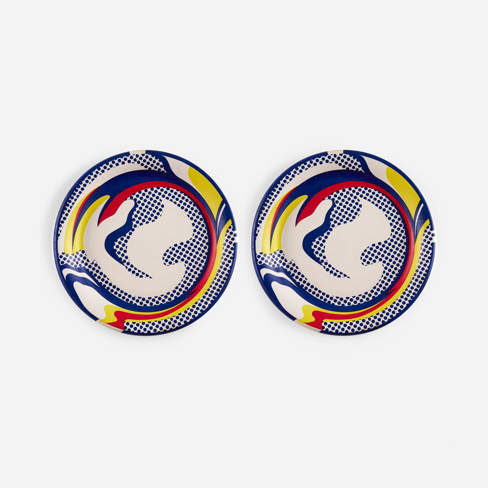 Roy Lichtenstein, Paper plates (two works): Roy Lichtenstein Paper plates (two works) 1969screenprint in colors on paper plate 10.25 dia in (26 cm) Printed to verso of each work 'Roy Lichtenstein ? On 1st Inc. 1969'. These works are fro