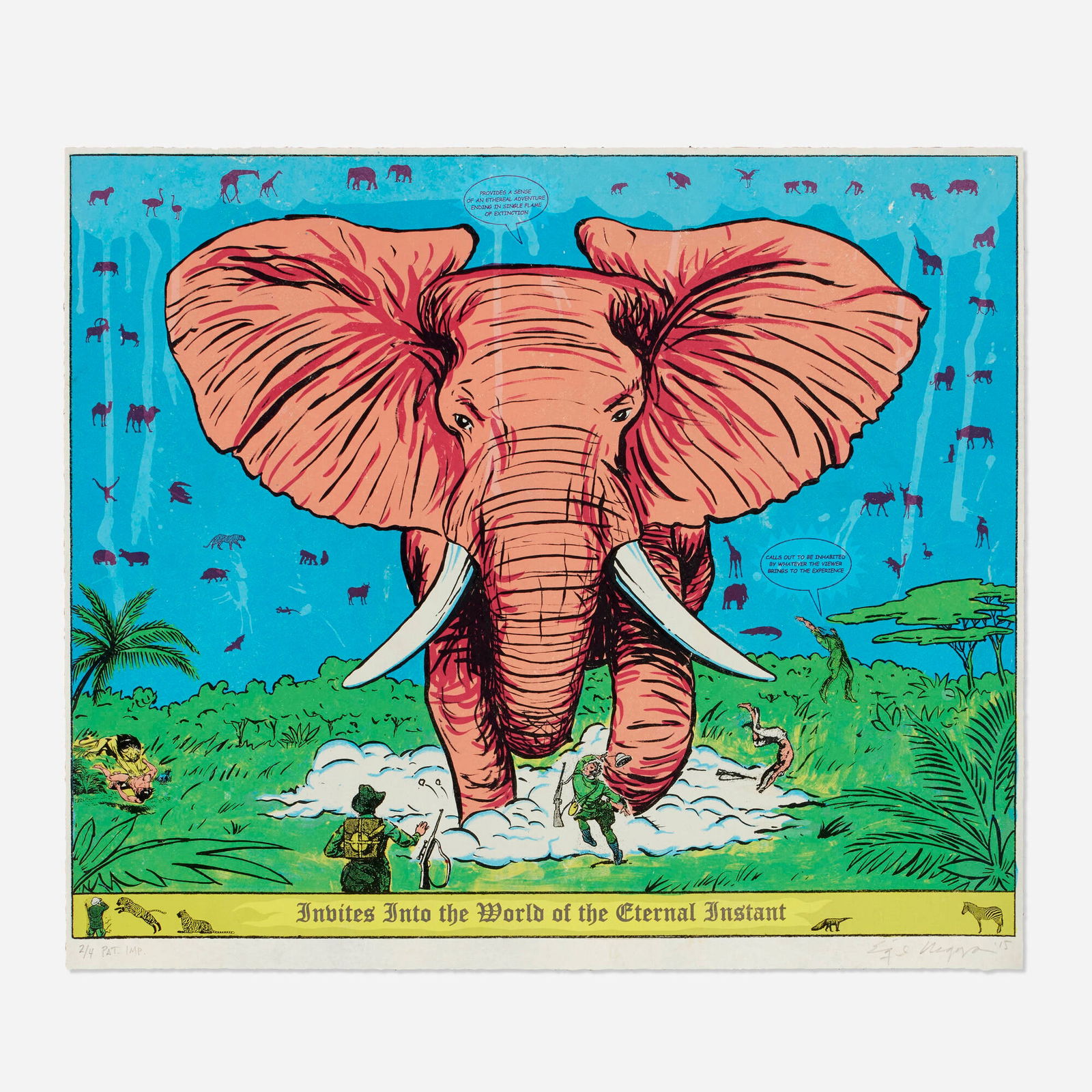 Enrique Chagoya, Invites Into the World of the Eternal Instant: Enrique Chagoya Invites Into the World of the Eternal Instant 2015lithograph in colors image: 19.50 h x 23.625 w in (50 x 60 cm) sheet: 20.50 h x 24 w in (52 x 61 cm) Signed, dated and numb