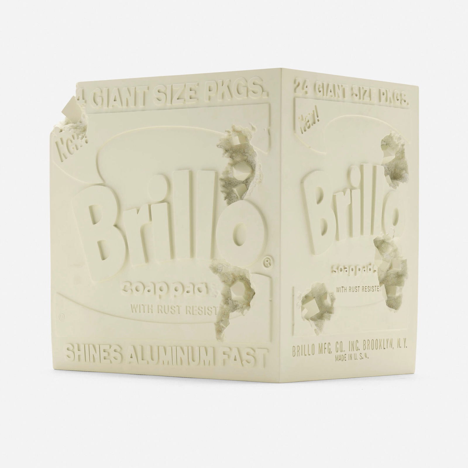 Daniel Arsham, Eroded Brillo Box (White): Daniel Arsham Eroded Brillo Box (White) 2020cast resin, quartz 11.375 h x 11.625 w x 9.25 d in (29 x 30 x 23 cm) Printed number to holographic decal label to box 'Certified Archive Edition 422