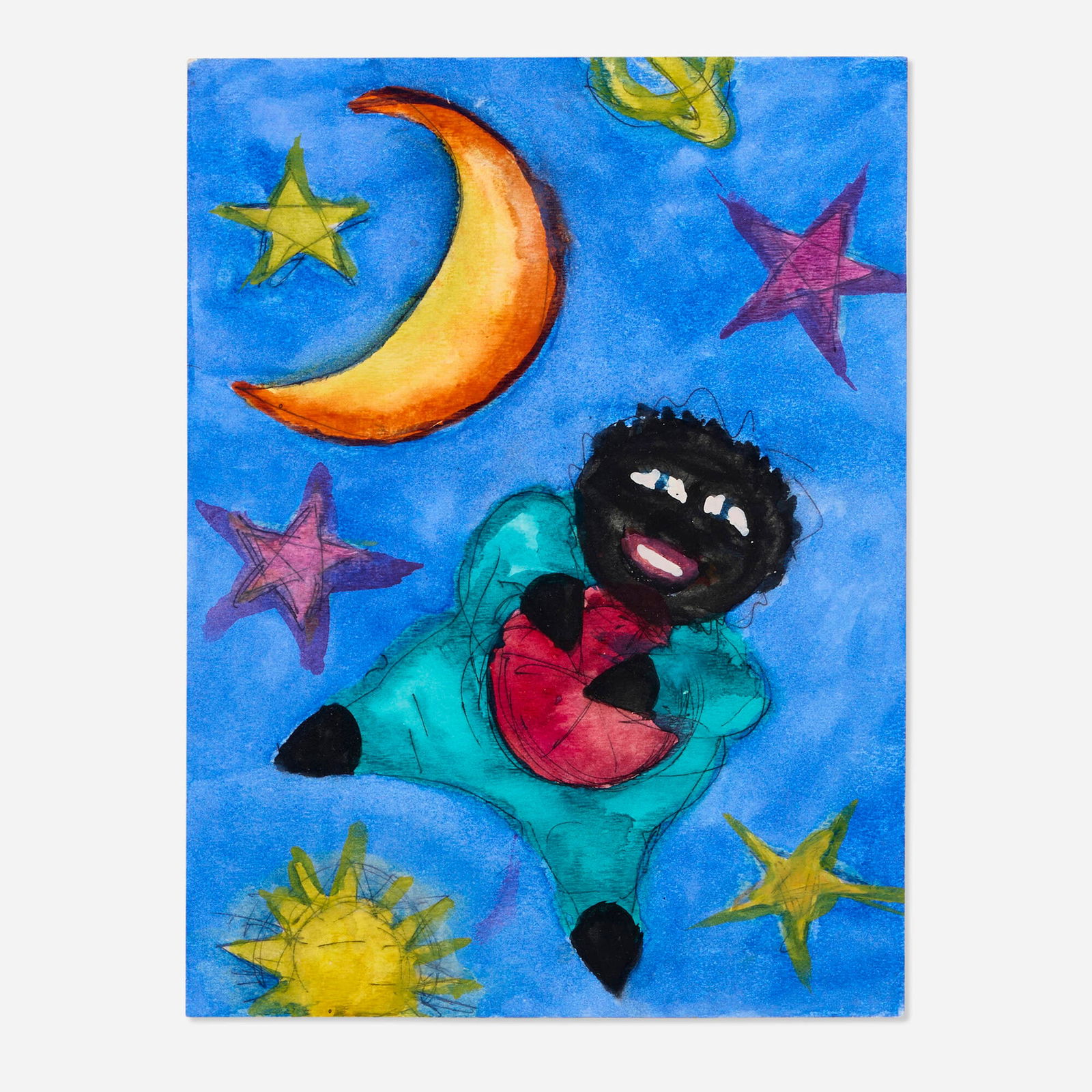Betye Saar, Floating Doll with Ball in the Galaxy: Betye Saar Floating Doll with Ball in the Galaxy 2020watercolor on paper 12 h x 9 w in (30 x 23 cm) Signed and dated to verso 'Betye Saar 2020'. Provenance: Roberts Pro