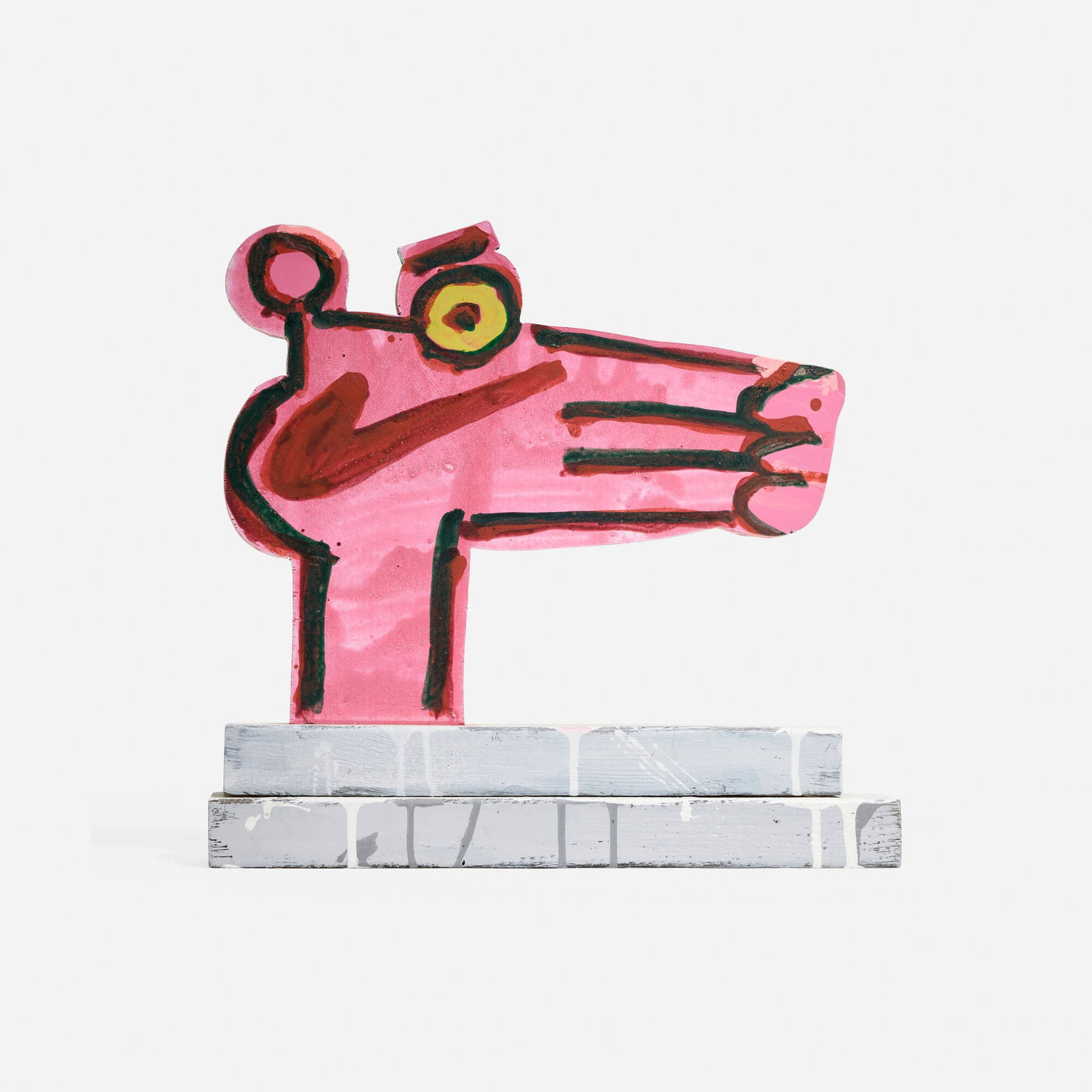 Katherine Bernhardt and Jonathan Edelhuber, Panther Panther Rosa Rosa: Katherine Bernhardt and Jonathan Edelhuber Panther Panther Rosa Rosa 2020painted wood 14 h x 15 w x 3.5 d in (36 x 38 x 9 cm) Signed, dated and numbered to underside 'Katherine Bernhardt 2020