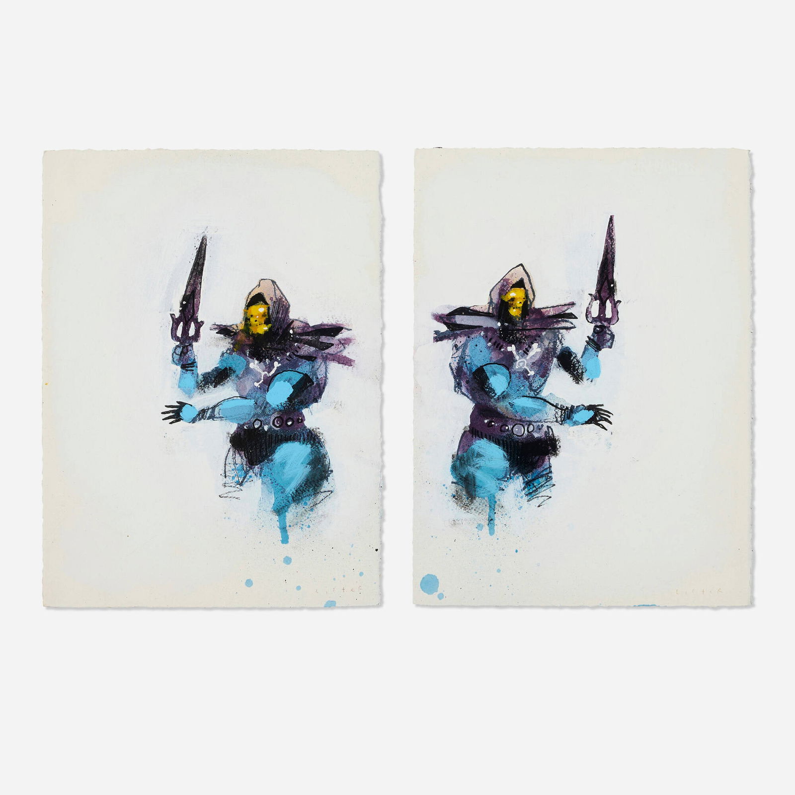 Anthony Lister, Double Skeletor (diptych): Anthony Lister Double Skeletor (diptych) mixed media on paper each: 15 h x 11 w in (38 x 28 cm) Signed to lower right of each sheet 'Lister'. Provenance: New Image Art, West