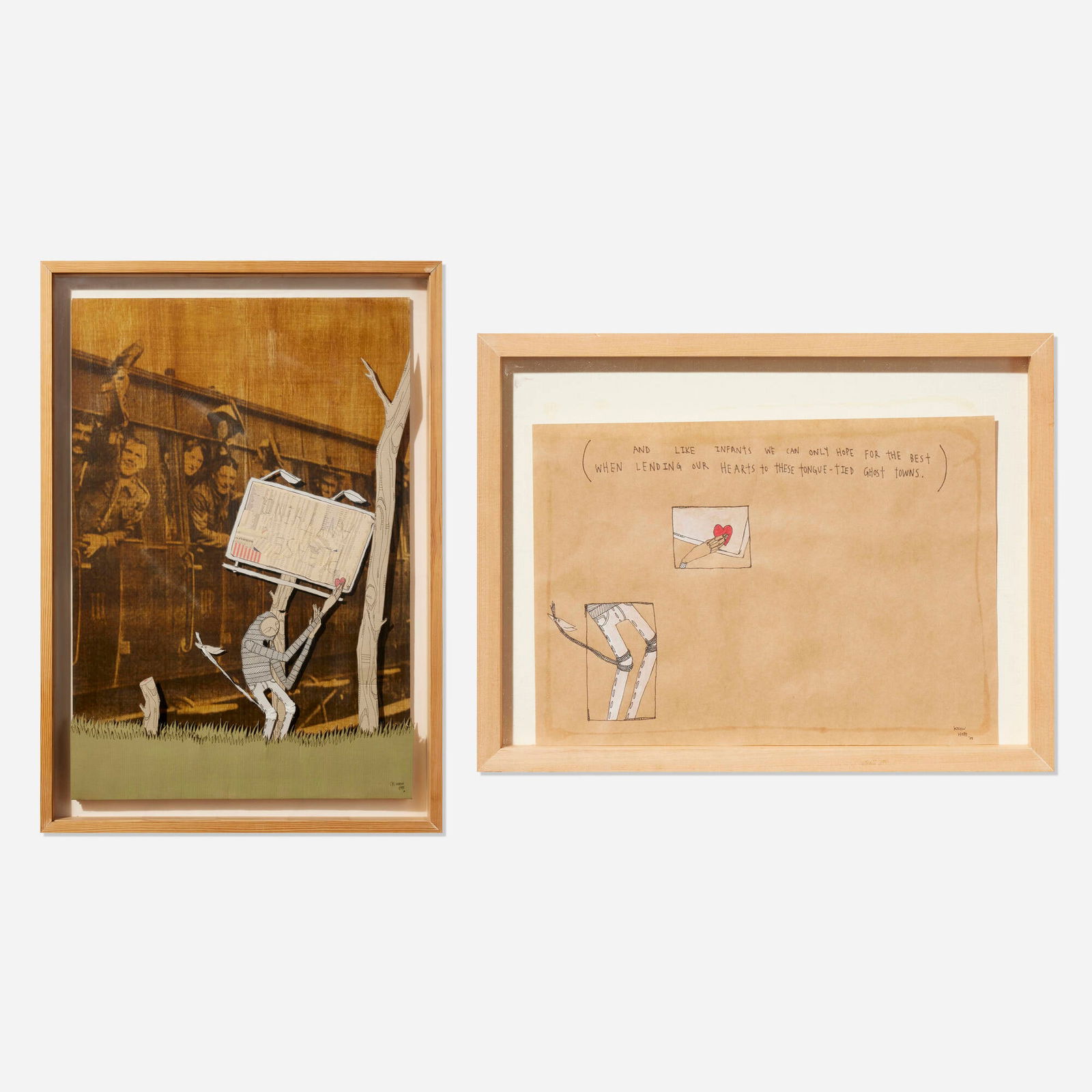 Know Hope, Lend Yr Heart to These Tongue-tied Ghost Towns; Amputation Subtitle #3 (two works): Know Hope Lend Yr Heart to These Tongue-tied Ghost Towns; Amputation Subtitle #3 (two works) 2008mixed media on cardboard construction in artist's frame; mixed media on paper in artist's frame 33 h x