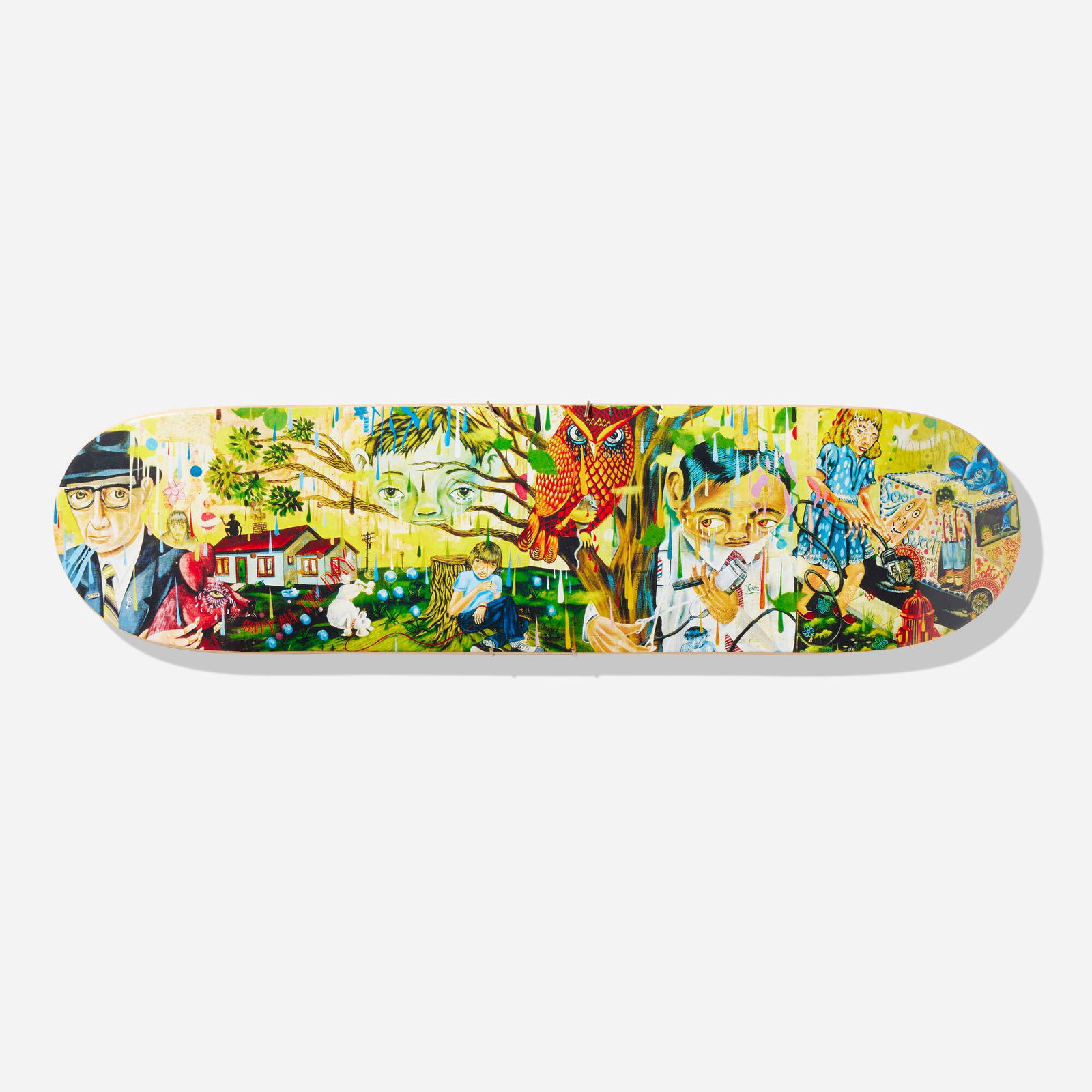 Clayton Brothers, Happy All The Day skateboard deck: Clayton Brothers Happy All The Day skateboard deck offset lithograph in colors on skate deck 31 h x 8 w x 2 d in (79 x 20 x 5 cm) Signed and numbered to top 'C. Clayton R. Clayton 4/10 AP'. This wor