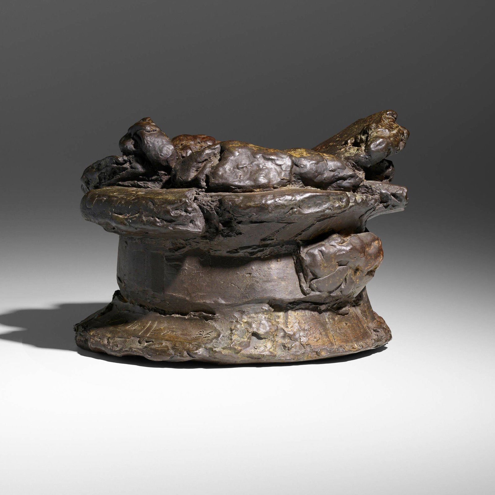 Peter Voulkos, Ice bucket: Peter Voulkos Ice bucket 1986patinated bronze 14.25 h x 20 w x 18 d in (36 x 51 x 46 cm) Molded signature, date, number and inscription to edge 'Voulkos 86 IB1 1/5' with Mussi Artworks foundry