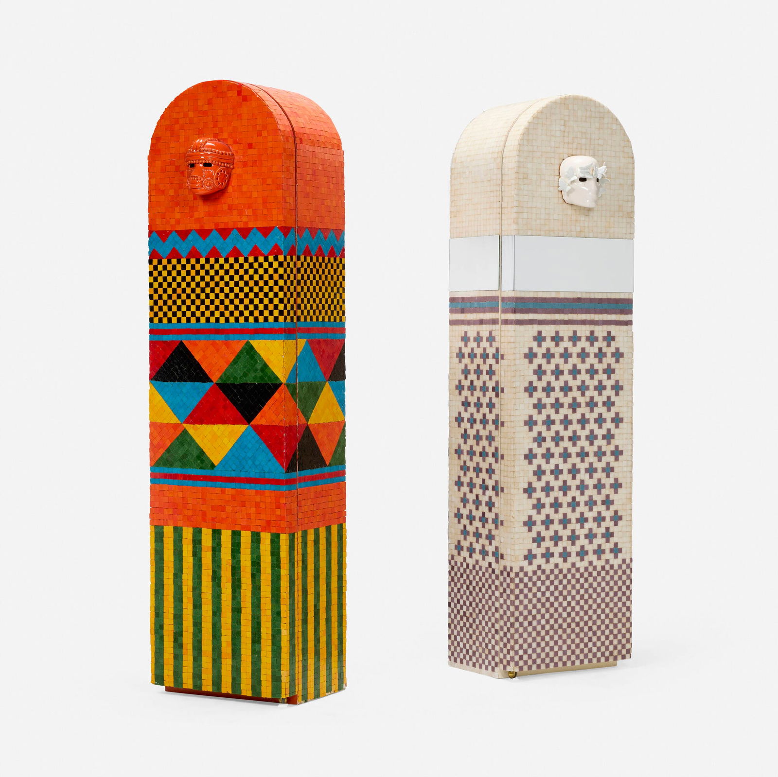 Pamela Weir-Quiton, Butterfly Bride; Tribal Chief (Important Mummy cabinets, set of two): Pamela Weir-Quiton Butterfly Bride; Tribal Chief (Important Mummy cabinets, set of two) USA, c. 1971glass tiles, glazed stoneware, pine, polychrome lacquered wood, mirrored glass 84.75 h x 22.25 w x