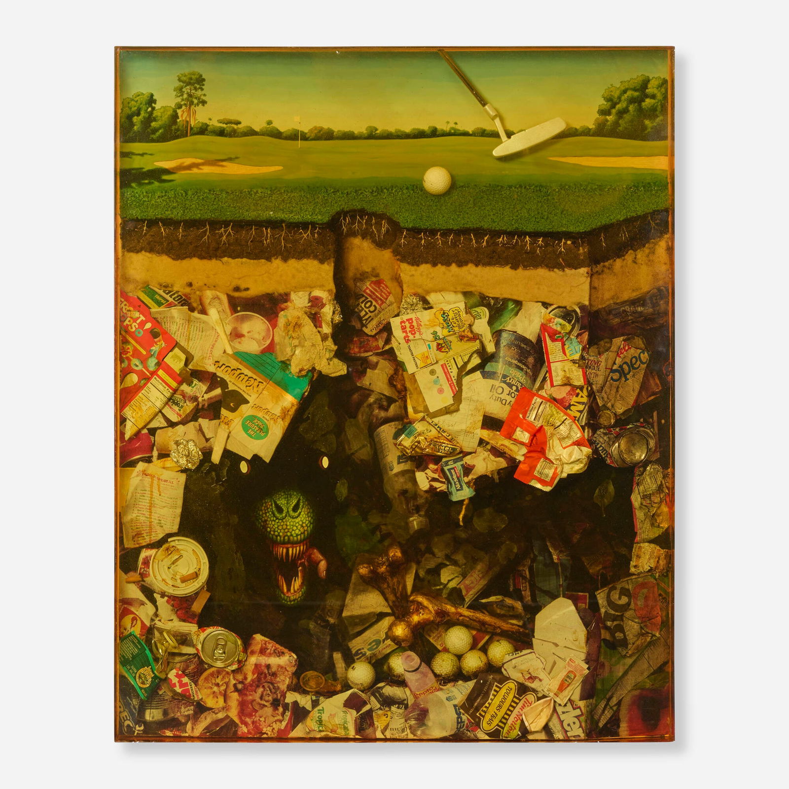Alexis Rockman, Golf Course: Alexis Rockman Golf Course 1997resin, digital photographs, oil paint, plastic, soil, wood found objects 40 h x 32.25 w x 4.25 d in (102 x 82 x 11 cm) Provenance: Jay Gorney Mo