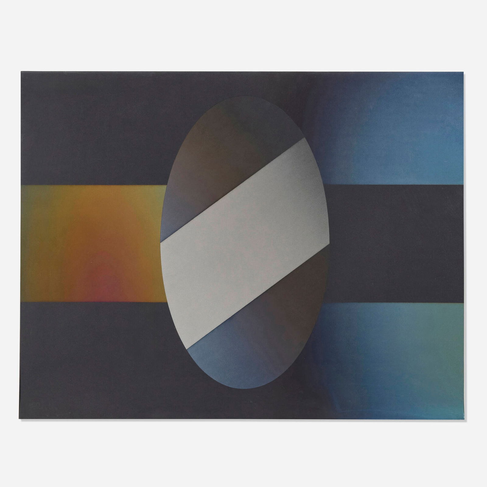 Larry Bell, HELINBK 2: Larry Bell HELINBK 2 1984aluminum and silicon monoxide on paper 41.25 h x 52.75 w in (105 x 134 cm) Signed and dated to lower edge 'L. Bell '84'. Titled to verso 'HELBKIN [sic] 2'.