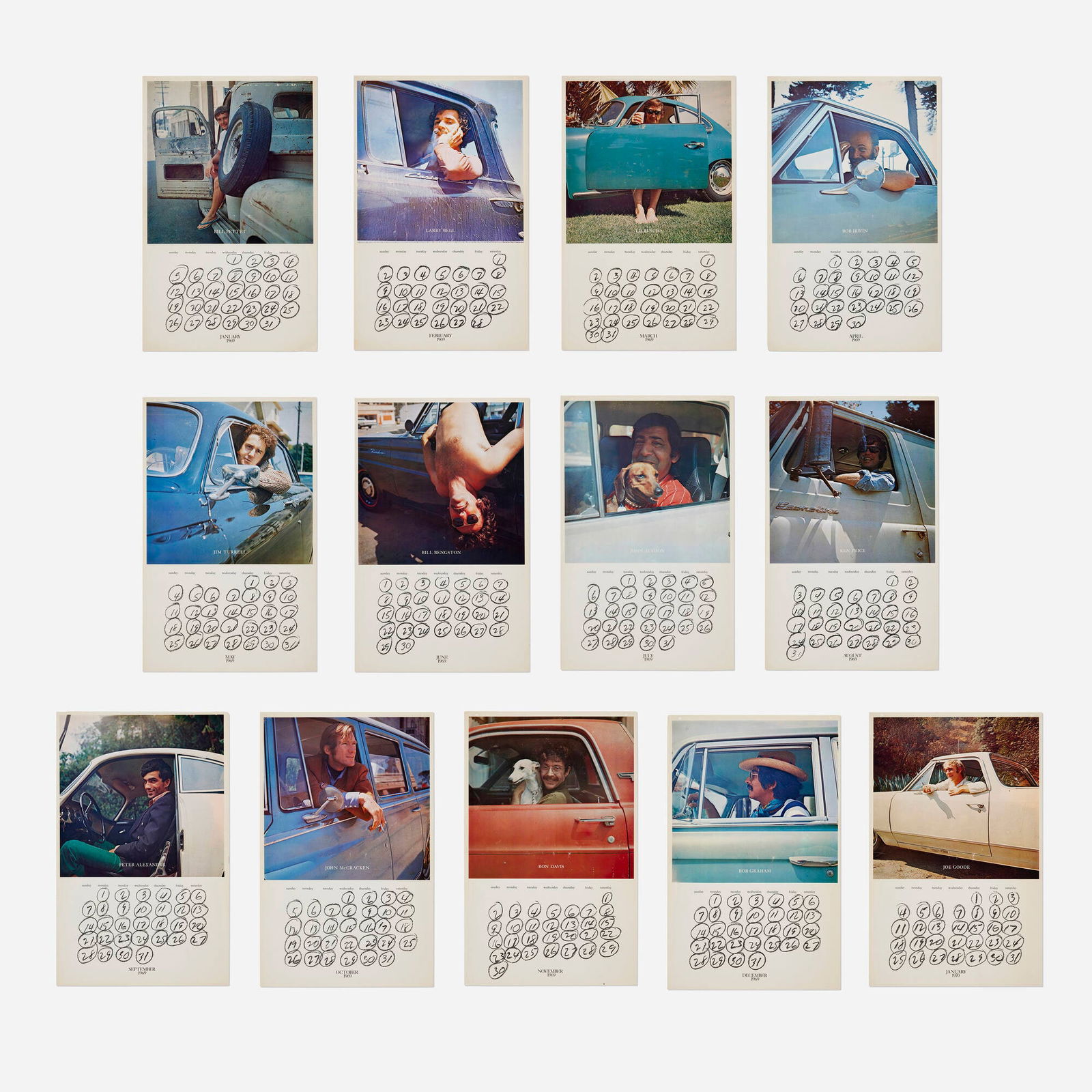 Joe Goode, LA Artists in Their Cars: Joe Goode LA Artists in Their Cars 1969-70offset lithograph in colors 22 h x 14 w in (56 x 36 cm) Lot is comprised of thirteen calendar pages, dated January 1969 - January 1970. This work is f