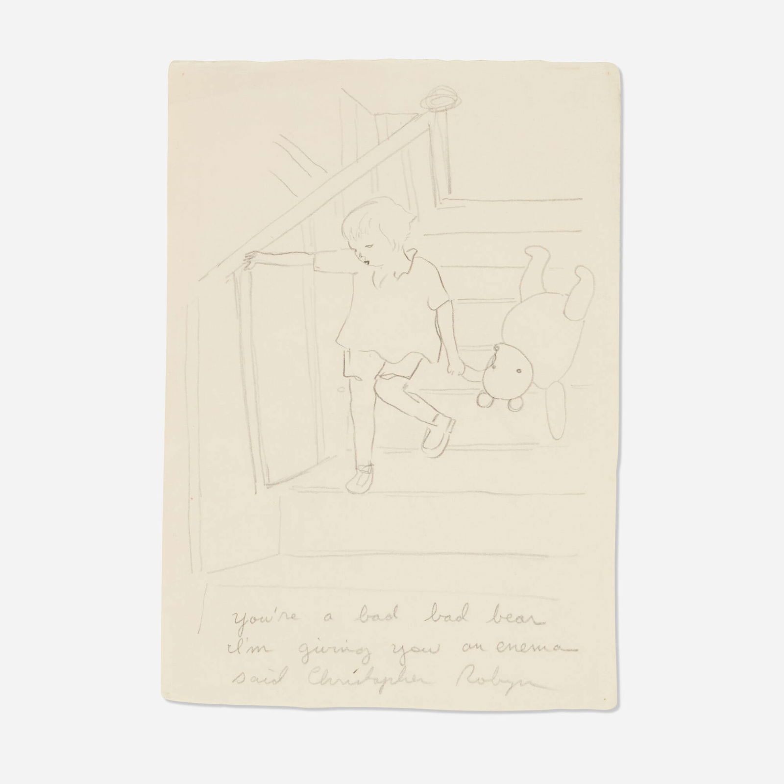 Karen Finley, Untitled (from the Winnie the Pooh series): Karen Finley Untitled (from the Winnie the Pooh series) 1996graphite on paper 11.625 h x 8.125 w in (30 x 21 cm) Inscribed to lower edge 'You're a bad bad bear I'm giving you an enema said Chr