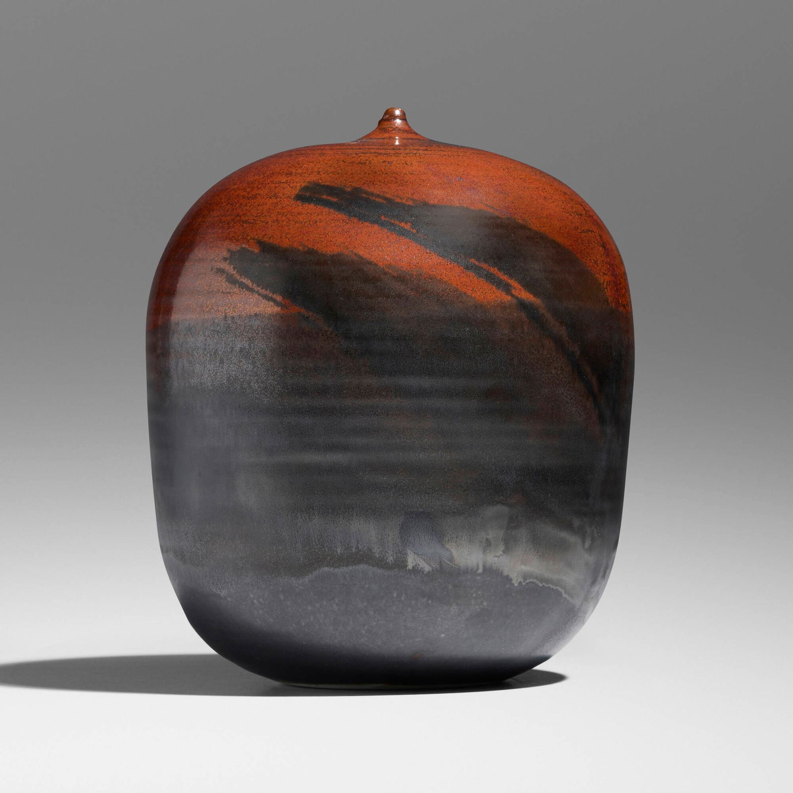 Toshiko Takaezu, Closed Form (with rattle): Toshiko Takaezu Closed Form (with rattle) c. 1980glazed porcelain 7.5 h x 6.25 dia in (19 x 16 cm) Incised signature to underside 'TT'. Provenance: Patricia Williams Ga