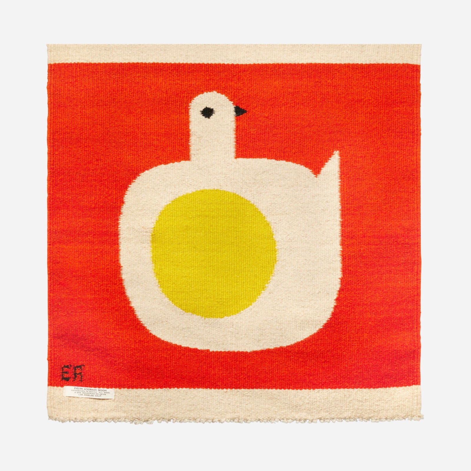 Evelyn Ackerman, Morning Dove tapestry: Evelyn Ackerman Morning Dove tapestry ERA IndustriesUSA, 1966hand-woven wool, wood 24 h x 23 w in (61 x 58 cm) Woven signature to lower left 'EA'. Fabric manufacturer's label to lower le