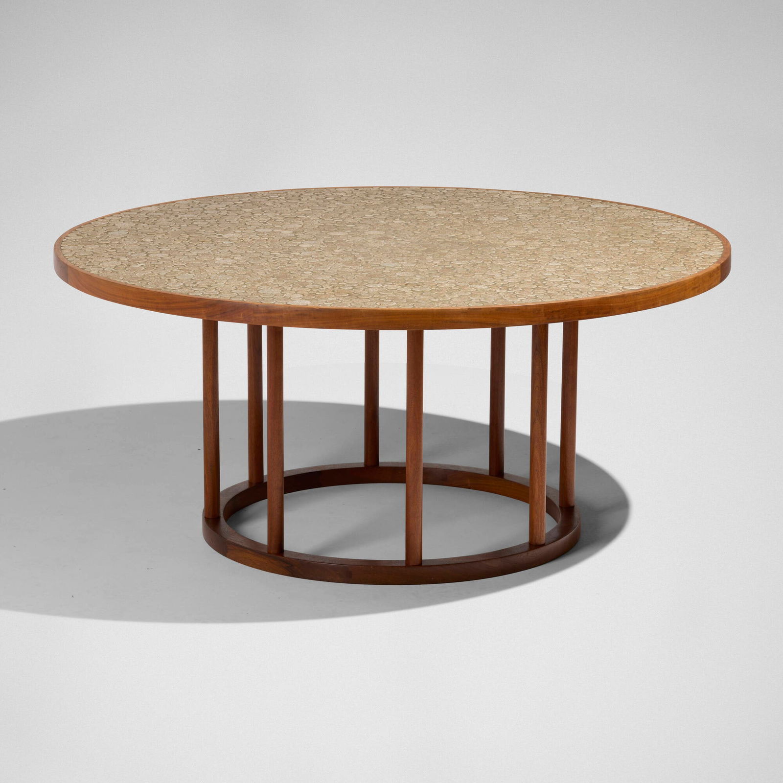 Gordon and Jane Martz, Monumental tile-top dining table: Gordon and Jane Martz Monumental tile-top dining table Marshall StudiosUSA, c. 1970walnut, glazed ceramic tiles 28.5 h x 62.75 d in (72 x 159.39 cm) Literature: Marsh