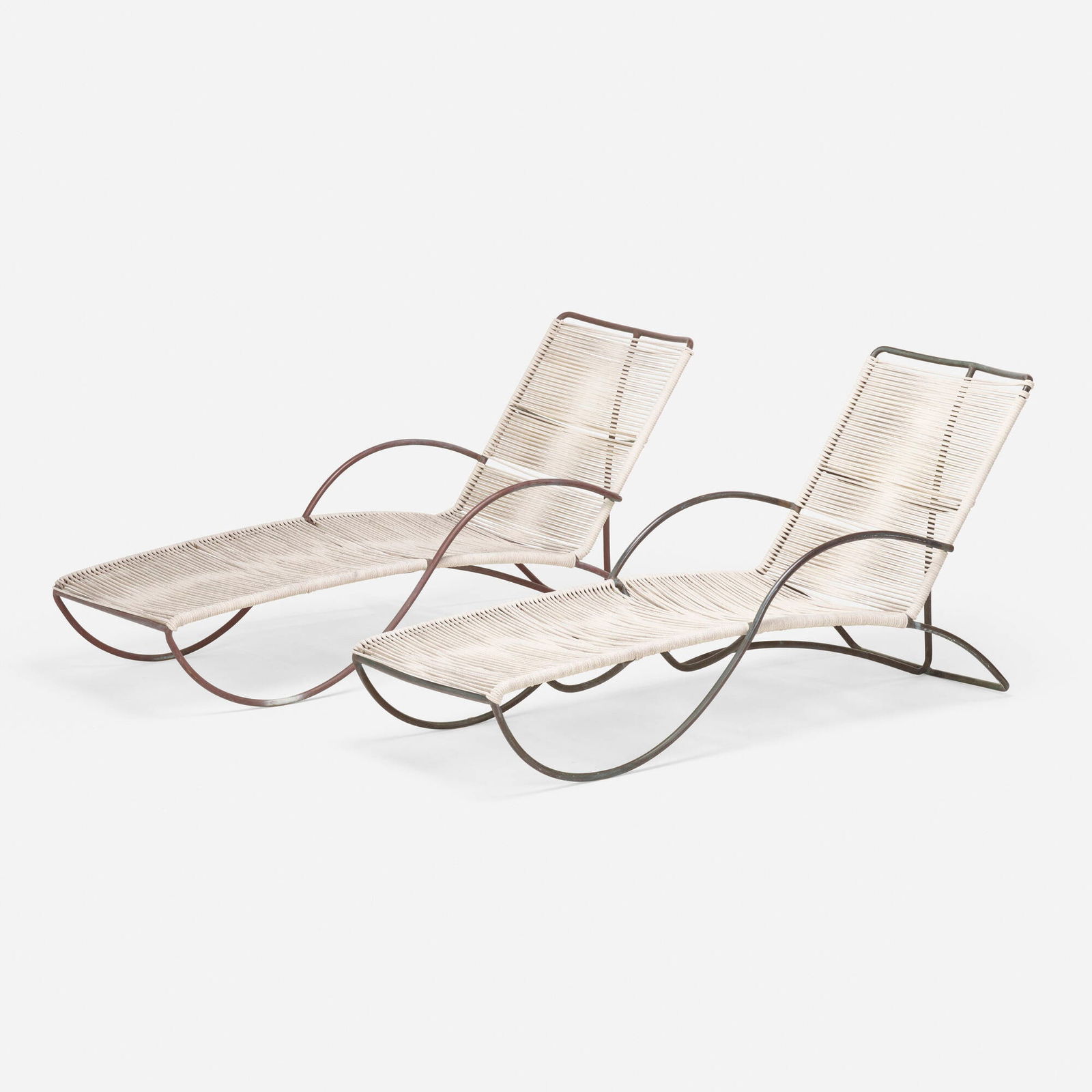 Walter Lamb, Chaise lounges model C-4700, pair: Walter Lamb Chaise lounges model C-4700, pair Brown JordanUSA, c. 1952bronze, cotton cord 33.25 h x 27 w x 66 d in (84 x 69 x 168 cm) Provenance: Modern One, Los Angeles