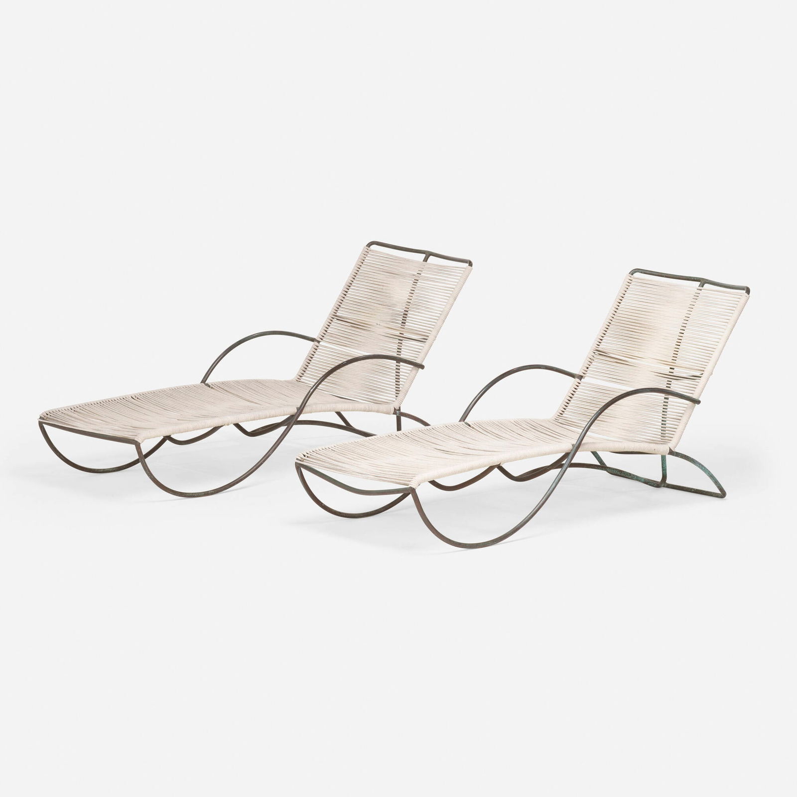 Walter Lamb, Chaise lounges model C-4700, pair: Walter Lamb Chaise lounges model C-4700, pair Brown JordanUSA, c. 1952bronze, cotton cord 33.25 h x 27 w x 66 d in (84 x 69 x 168 cm) Provenance: Modern One, Los Angeles