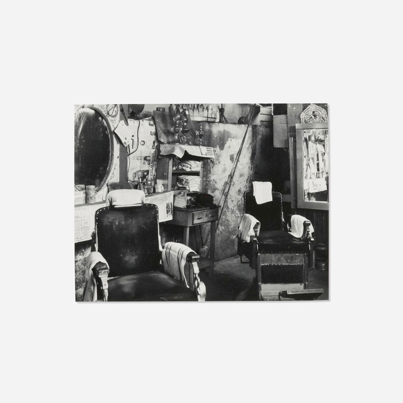 Walker Evans, Negroes' Barber Shop Interior, Atlanta, GA: Walker Evans Negroes' Barber Shop Interior, Atlanta, GA 1936 / printed c. 1975gelatin silver print image: 7.7 h x 9.5 w in (20 x 24 cm) sheet: 8 h x 10 w in (20 x 25 cm) Signed, titled and