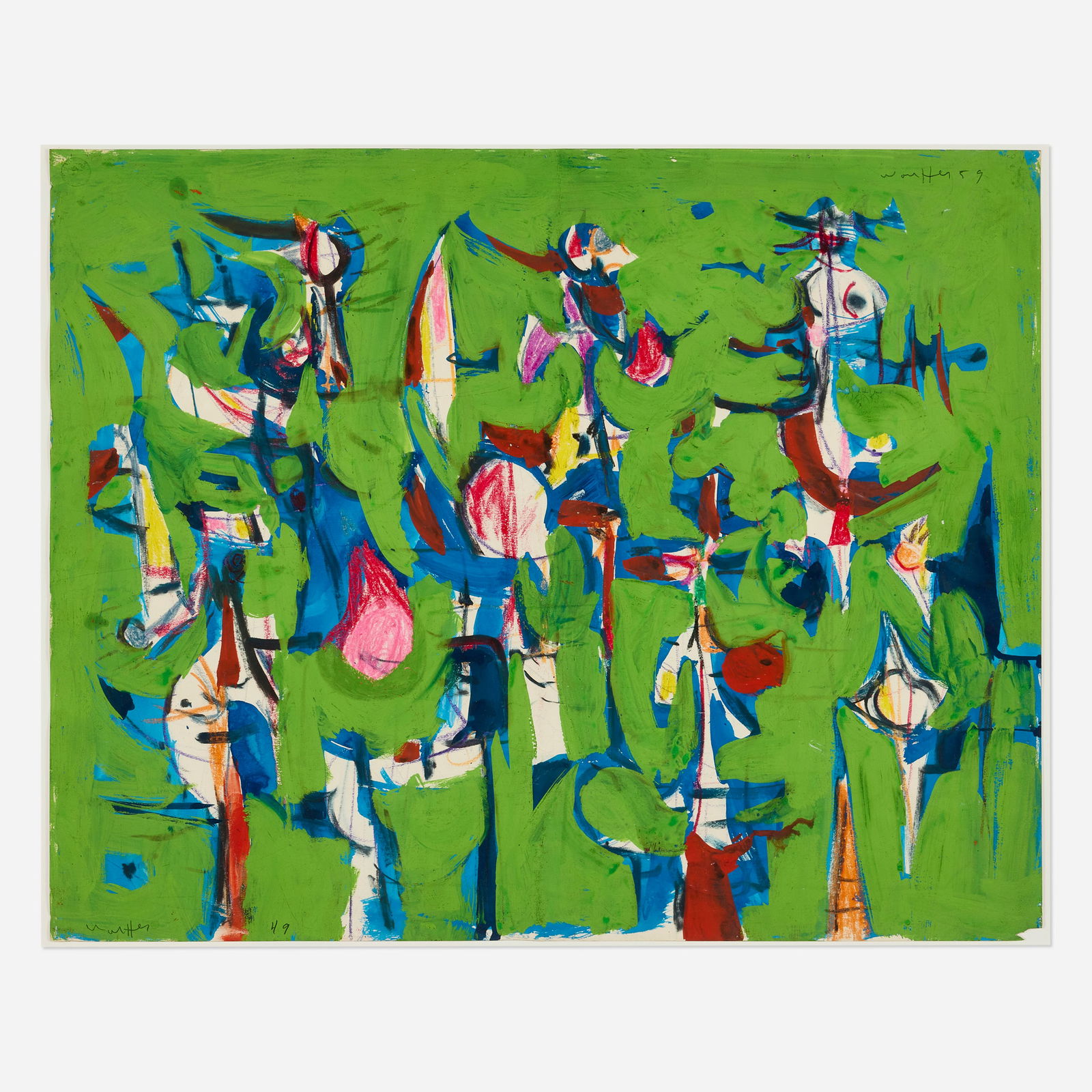 Emerson Woelffer, Untitled (from the Bucky Fuller series): Emerson Woelffer Untitled (from the Bucky Fuller series) 1949-59pastel, ink and casein on Strathmore 23.25 h × 29 w in (59 × 74 cm) This work is being sold to raise funds for sc