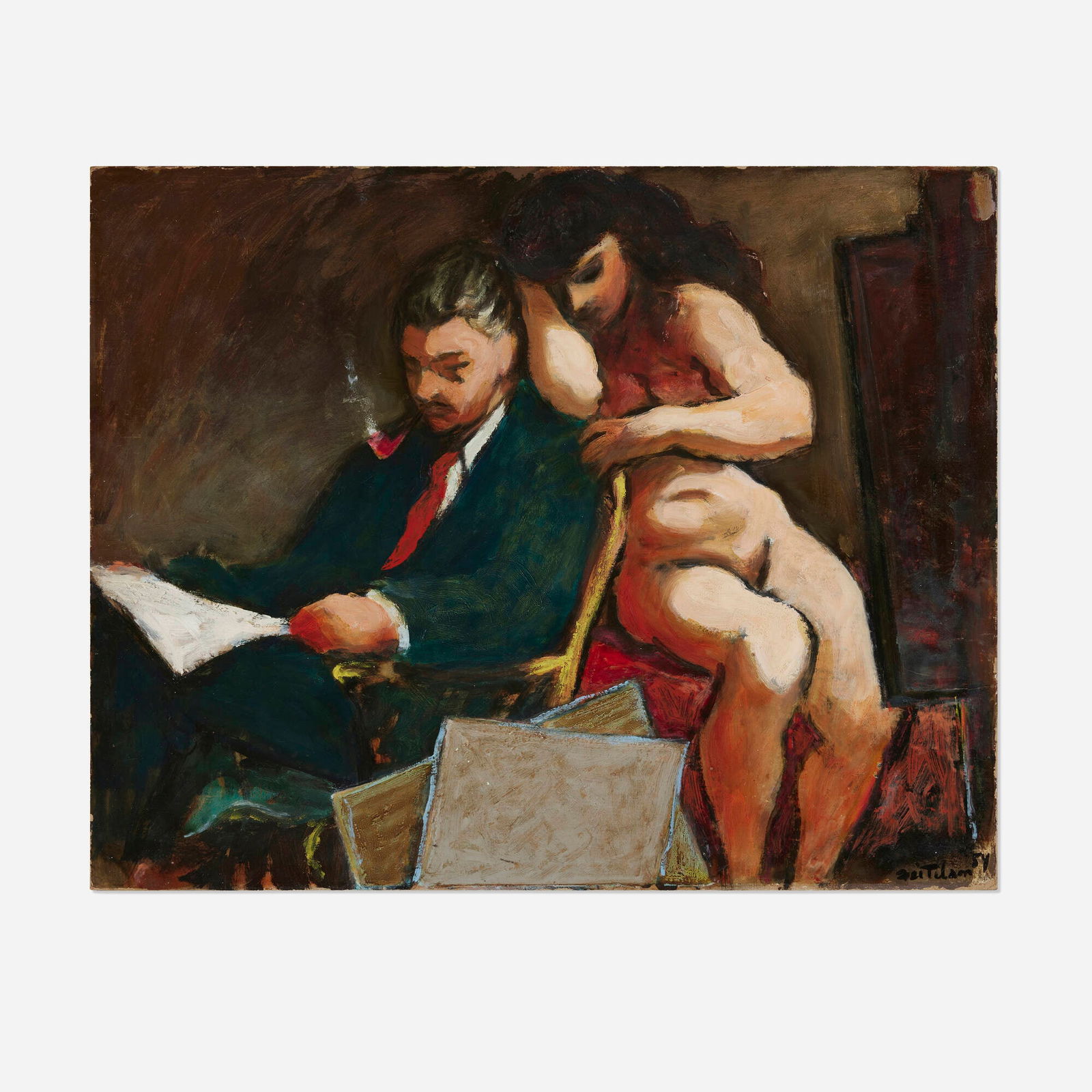 Lorser Feitelson, The Artist (Stephen Longstreet) in His Studio: Lorser Feitelson The Artist (Stephen Longstreet) in His Studio 1954oil on board 23.500 h x 29.500 w in (60 x 75 cm) Signed, titled and dated to lower right 'Feitelson 54'. Signed and titled to