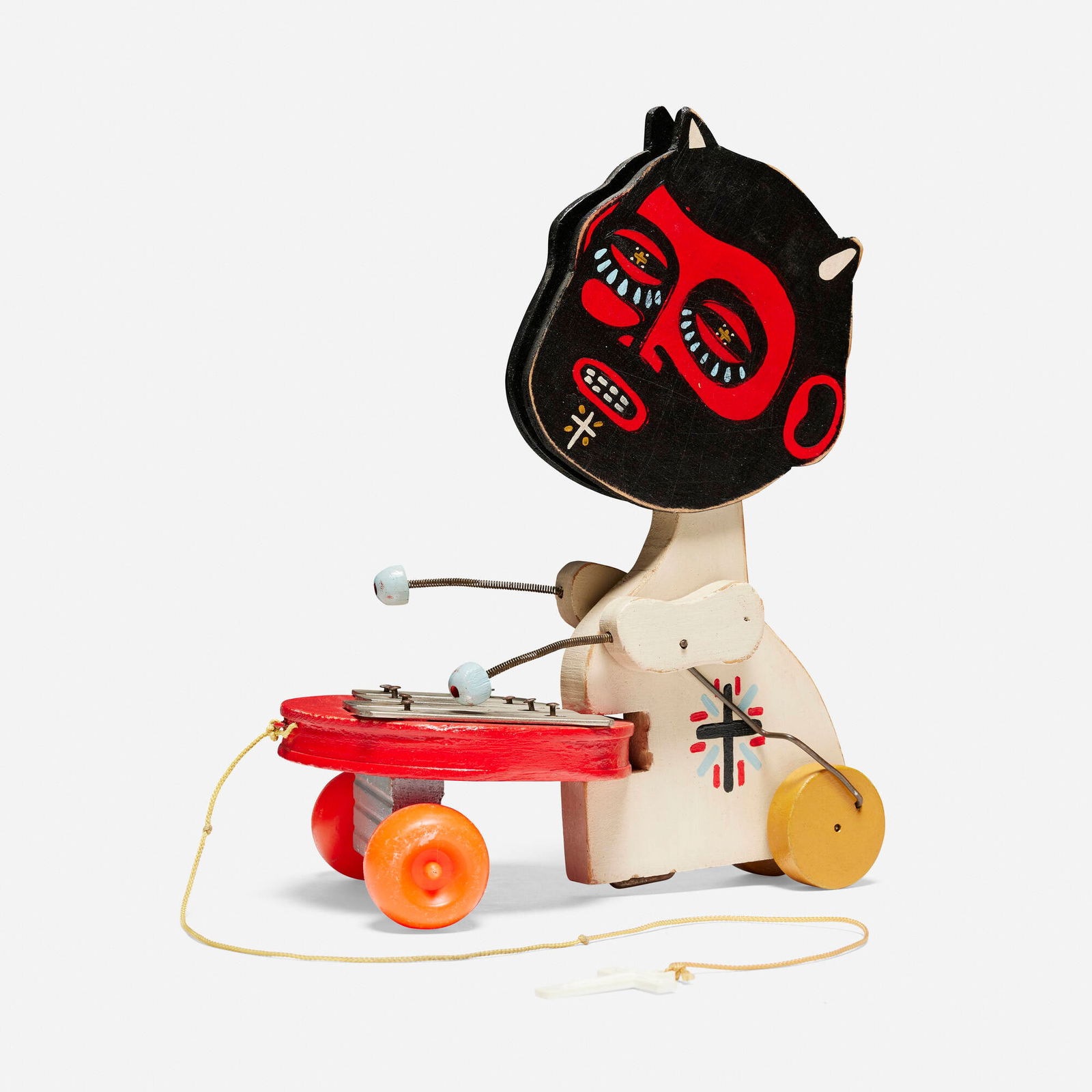 Mike Egan, Devil Pull Toy: Mike Egan Devil Pull Toy 2021acrylic on wood and salvaged antique toy 11.875 h x 9.125 w x 5.75 d in (30 x 23 x 15 cm) Signed and dated to underside 'Mike Egan 2021'. Provenance