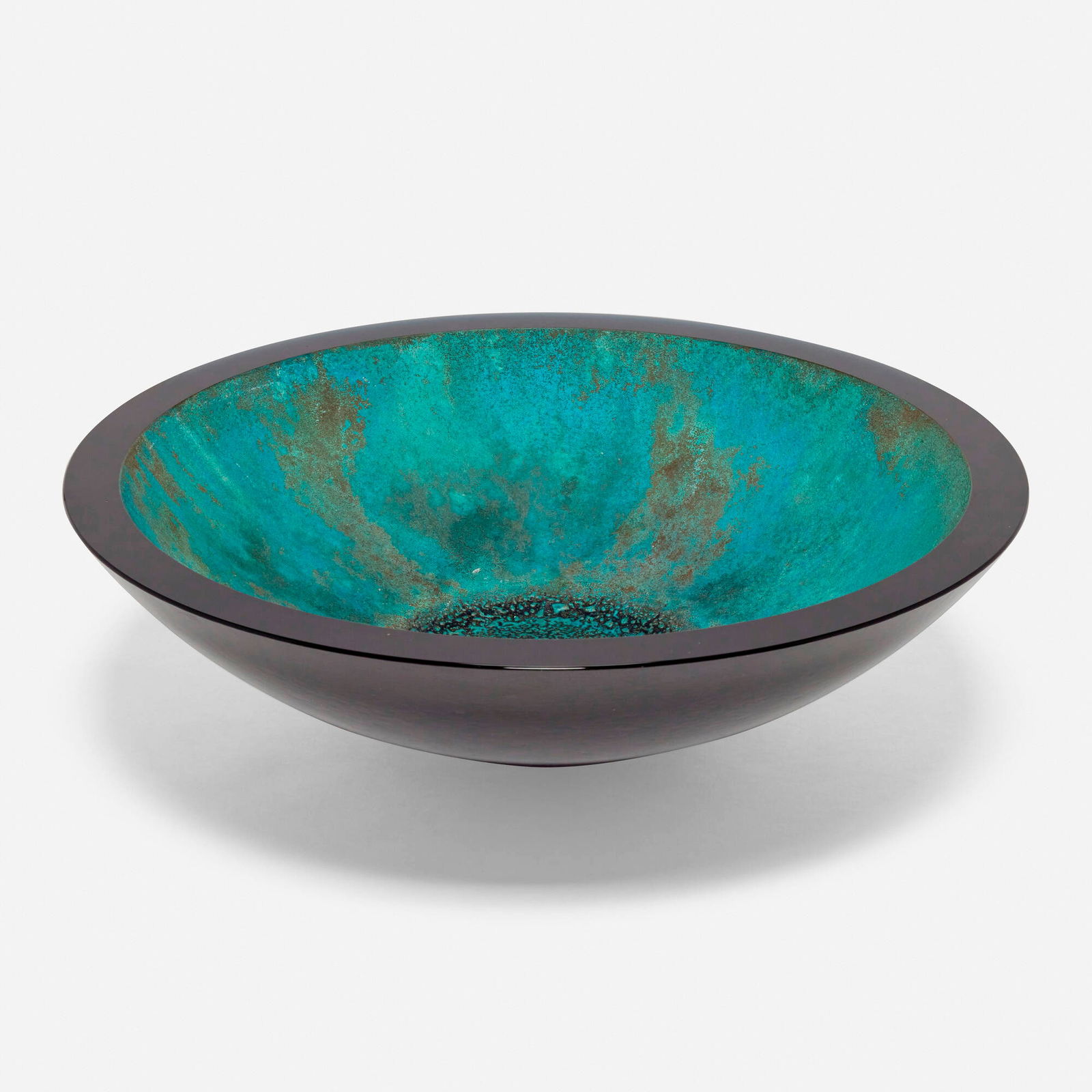 John Lewis, Large bowl: John Lewis Large bowl 2003cast glass, patinated copper 5.5 h x 20.25 dia in (14 x 51 cm) Etched signature, date and inscription to underside 'Happy Birthday Sylvia / John '03'.